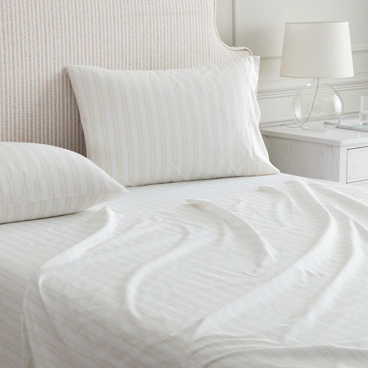 image:imageMartha Stewart Full Sheet Set with Fitted Sheet amp Pillowcases Cotton Percale Bedding with a Smooth Feel Deep Pocket Gingham BrownFrancesca Stripe Beige