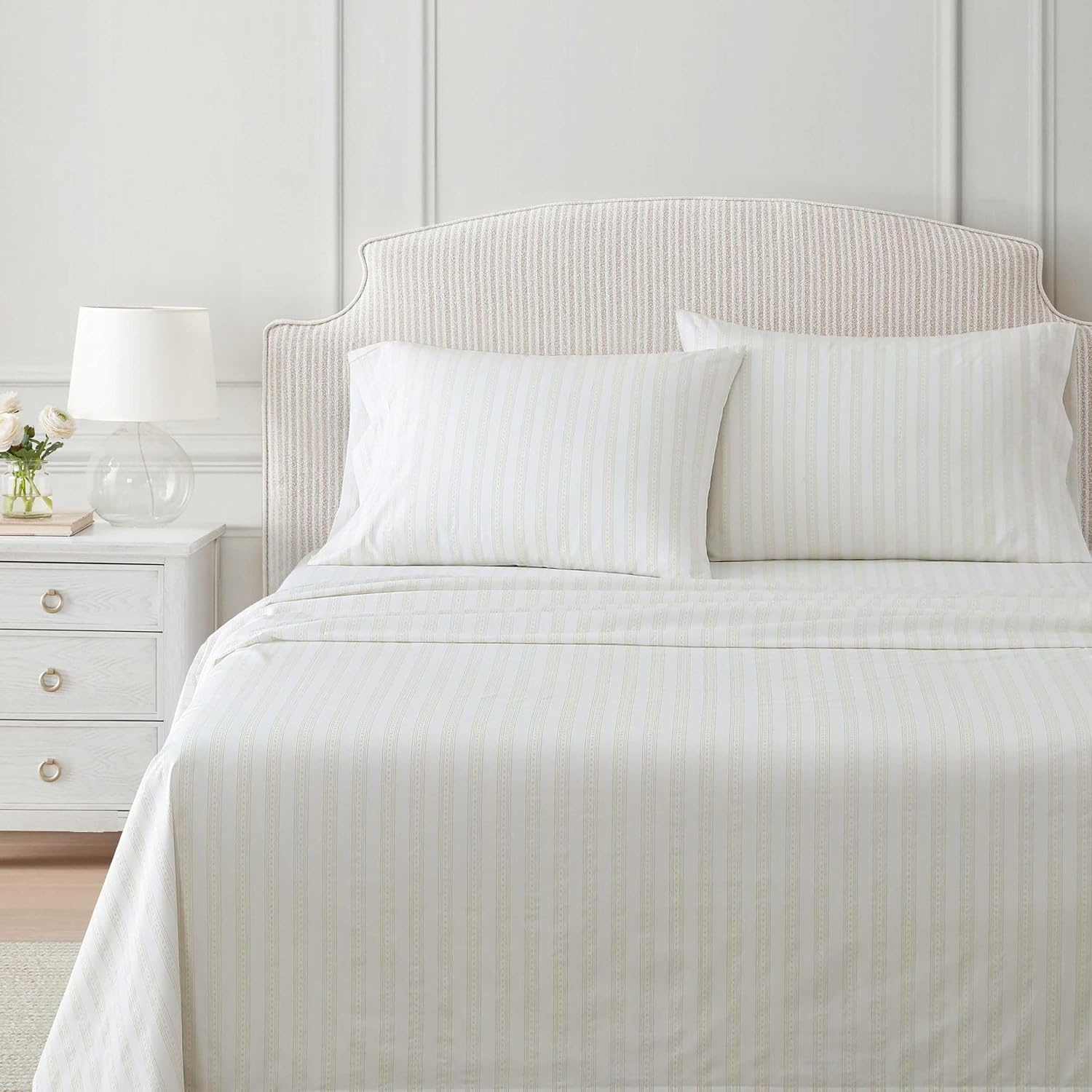 image:imageMartha Stewart Full Sheet Set with Fitted Sheet amp Pillowcases Cotton Percale Bedding with a Smooth Feel Deep Pocket Gingham BrownFrancesca Stripe Beige