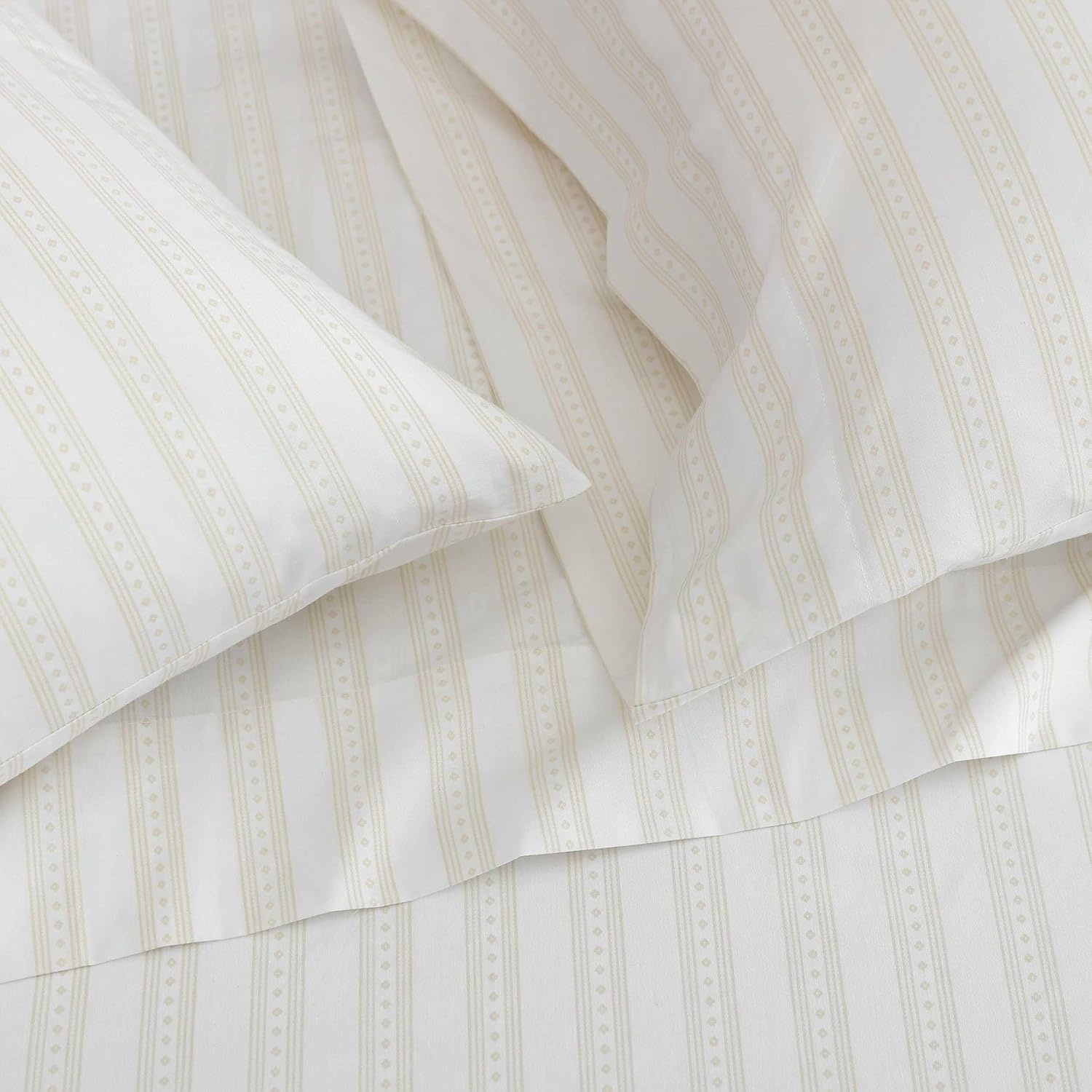 image:imageMartha Stewart Full Sheet Set with Fitted Sheet amp Pillowcases Cotton Percale Bedding with a Smooth Feel Deep Pocket Gingham BrownFrancesca Stripe Beige