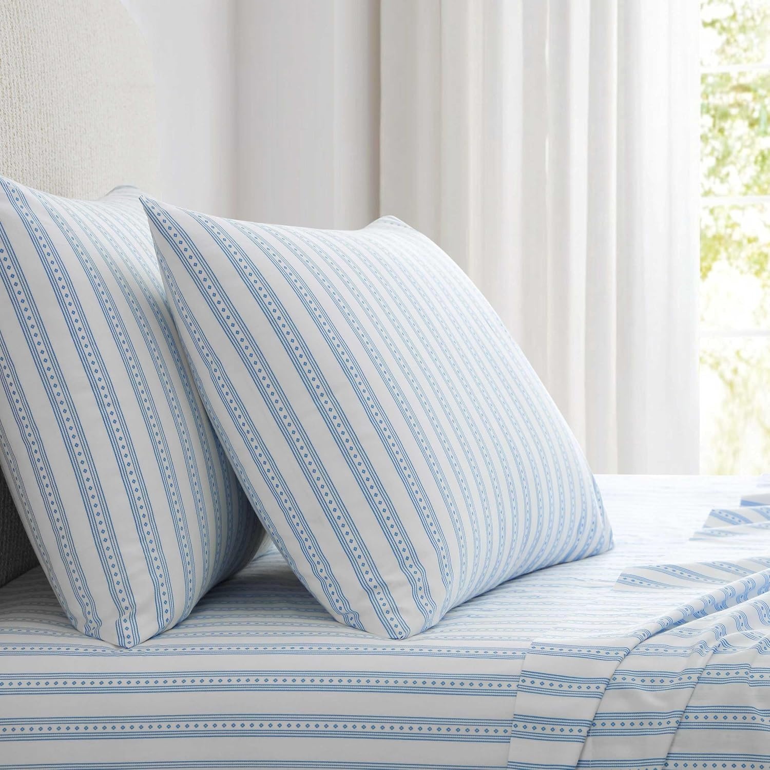image:imageMartha Stewart Full Sheet Set with Fitted Sheet amp Pillowcases Cotton Percale Bedding with a Smooth Feel Deep Pocket Gingham BrownFrancesca Stripe Blue