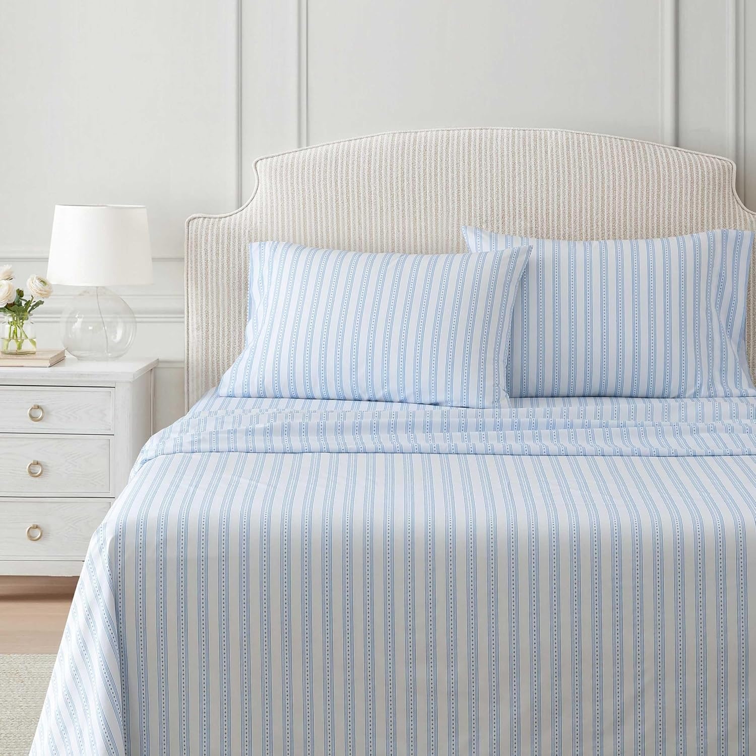 image:imageMartha Stewart Full Sheet Set with Fitted Sheet amp Pillowcases Cotton Percale Bedding with a Smooth Feel Deep Pocket Gingham BrownFrancesca Stripe Blue