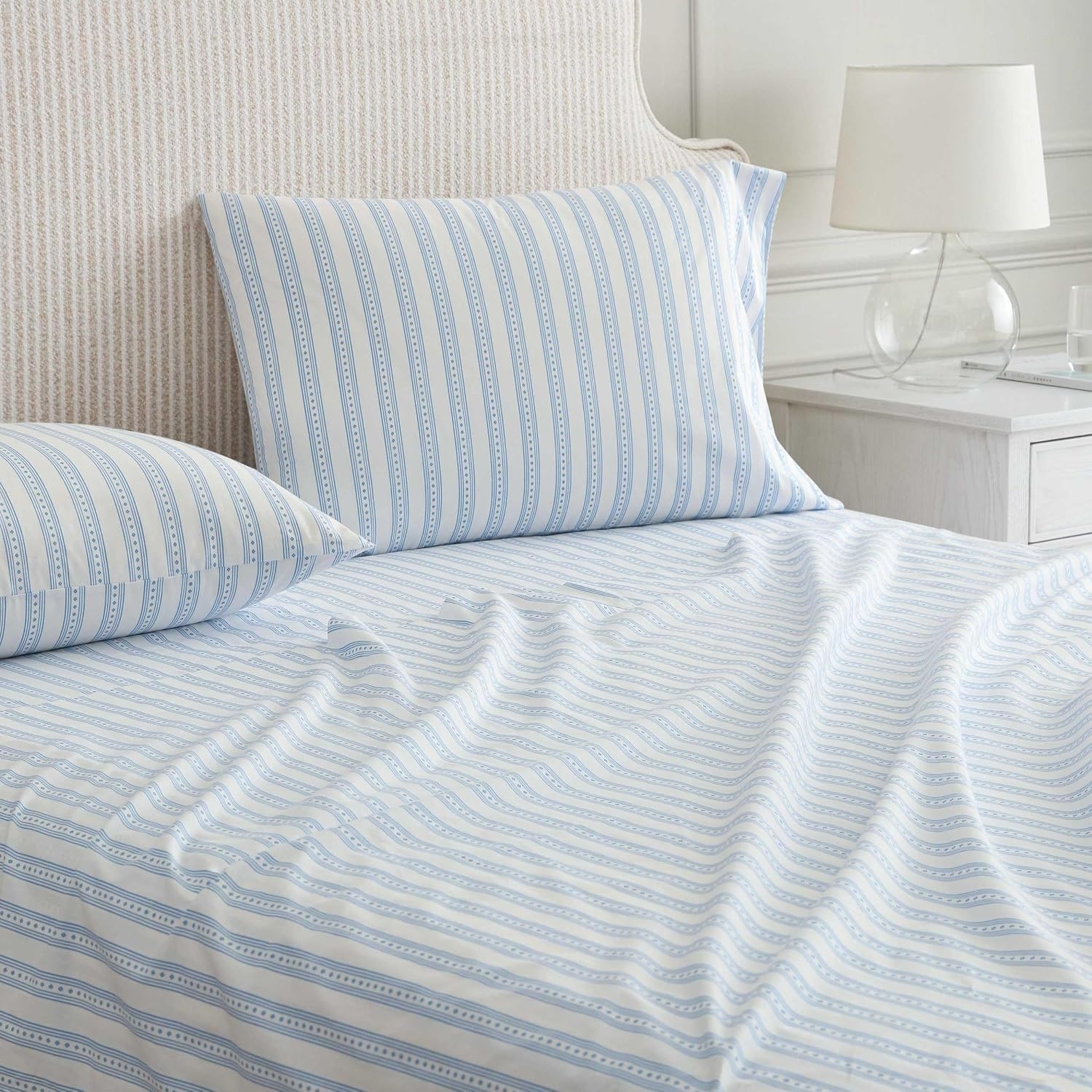 image:imageMartha Stewart Full Sheet Set with Fitted Sheet amp Pillowcases Cotton Percale Bedding with a Smooth Feel Deep Pocket Gingham BrownFrancesca Stripe Blue