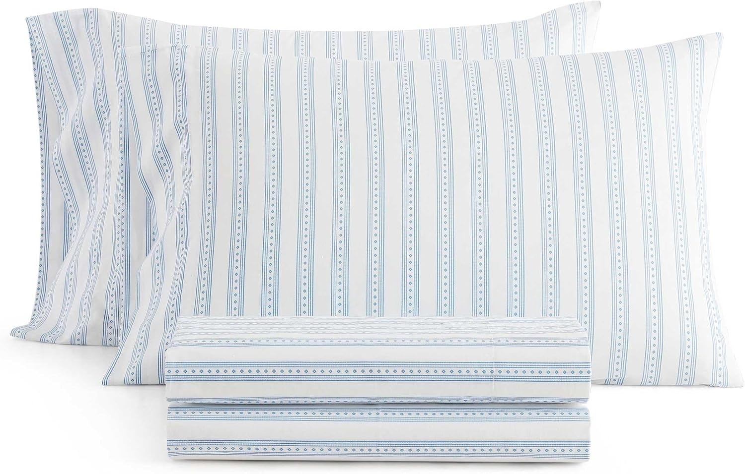 image:imageMartha Stewart Full Sheet Set with Fitted Sheet amp Pillowcases Cotton Percale Bedding with a Smooth Feel Deep Pocket Gingham BrownFrancesca Stripe Blue