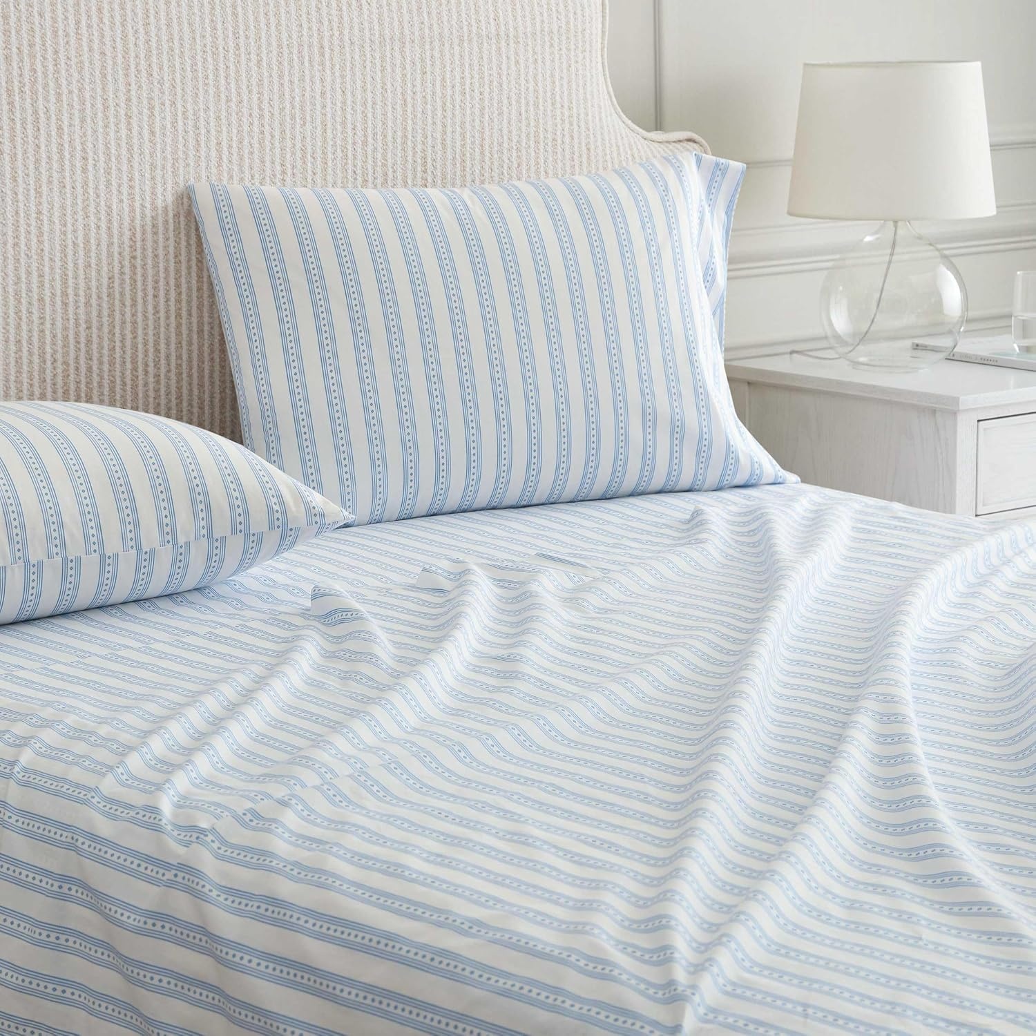 image:imageMartha Stewart Full Sheet Set with Fitted Sheet amp Pillowcases Cotton Percale Bedding with a Smooth Feel Deep Pocket Gingham BrownFrancesca Stripe Blue