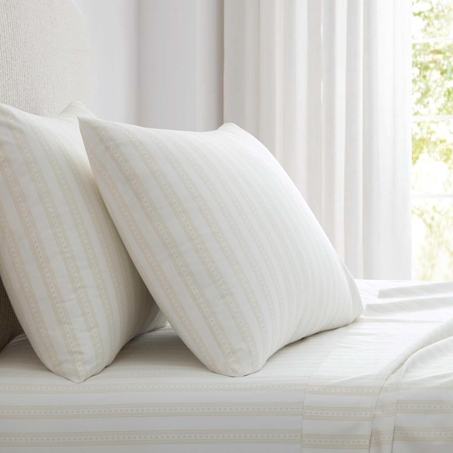 image:imageMartha Stewart Full Sheet Set with Fitted Sheet amp Pillowcases Cotton Percale Bedding with a Smooth Feel Deep Pocket Gingham BrownFrancesca Stripe Beige