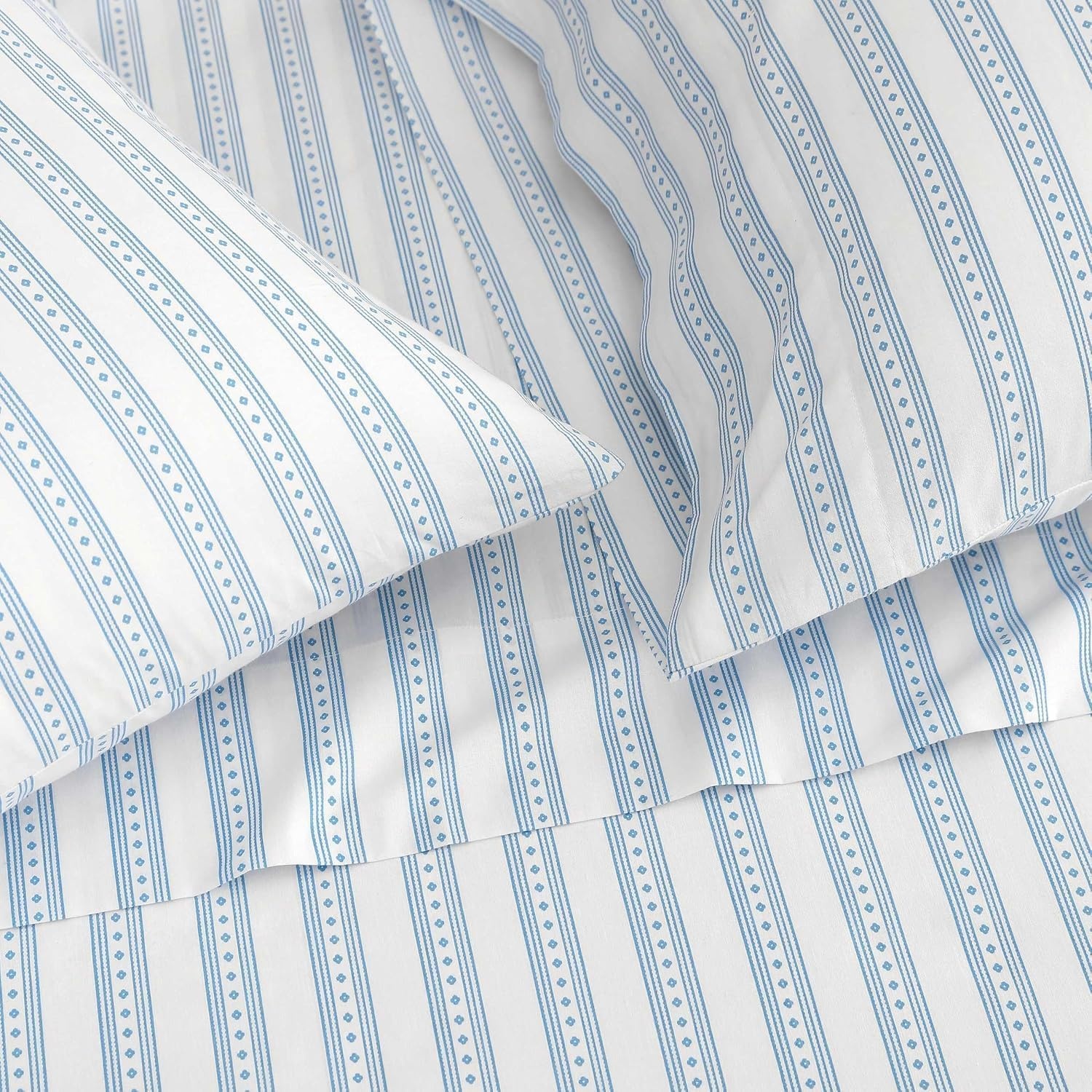 image:imageMartha Stewart Full Sheet Set with Fitted Sheet amp Pillowcases Cotton Percale Bedding with a Smooth Feel Deep Pocket Gingham BrownFrancesca Stripe Blue