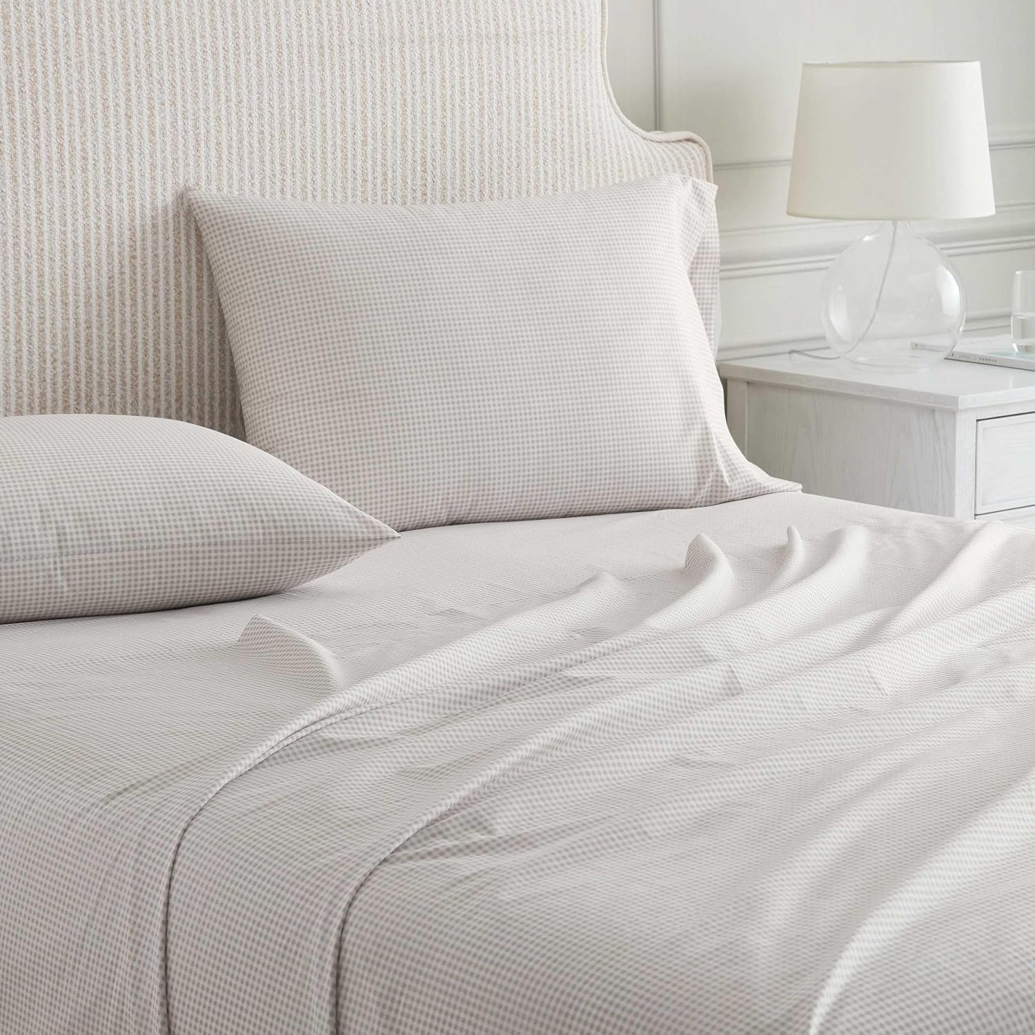 image:imageMartha Stewart Full Sheet Set with Fitted Sheet amp Pillowcases Cotton Percale Bedding with a Smooth Feel Deep Pocket Gingham BrownGingham Beige
