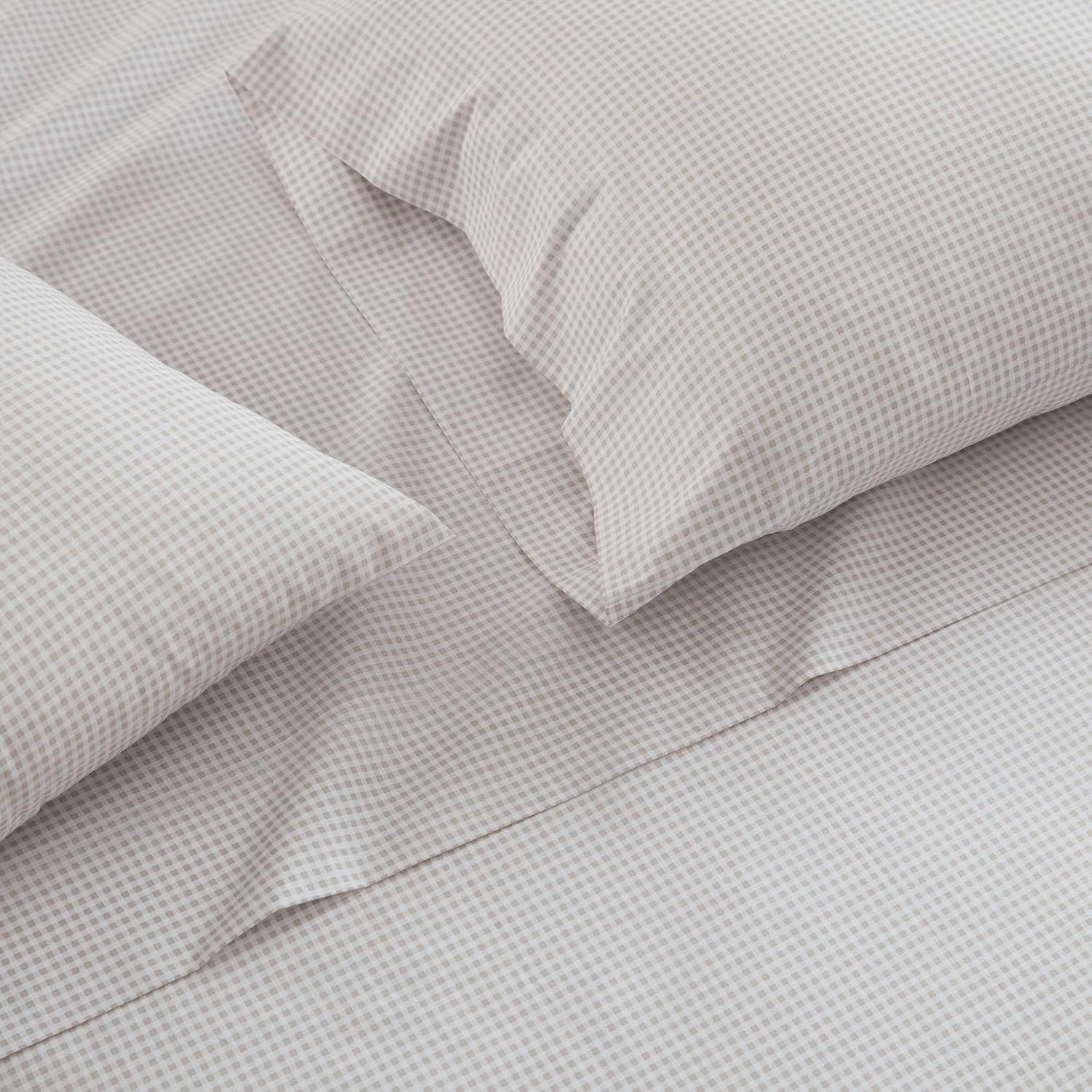 image:imageMartha Stewart Full Sheet Set with Fitted Sheet amp Pillowcases Cotton Percale Bedding with a Smooth Feel Deep Pocket Gingham BrownGingham Beige