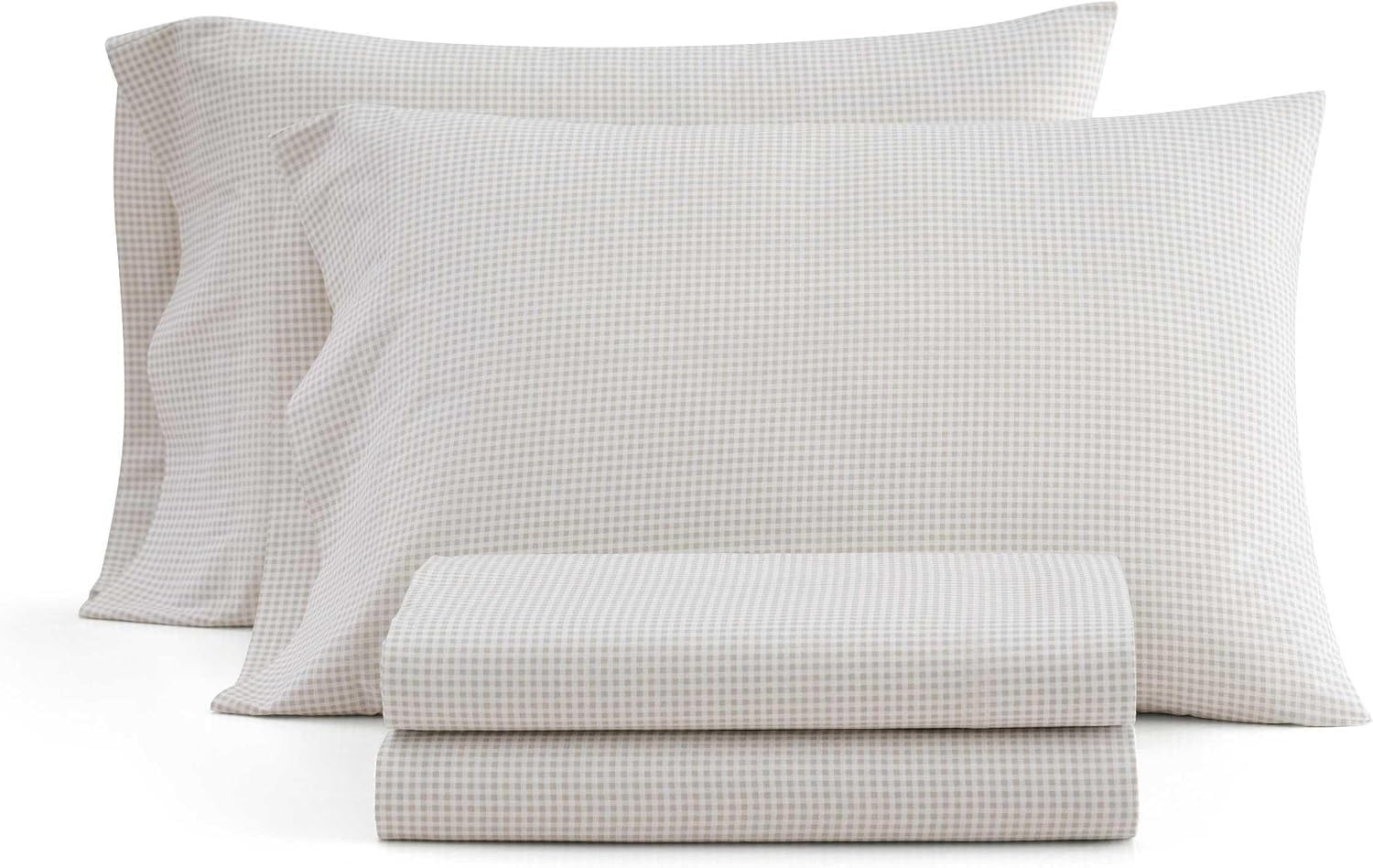 image:imageMartha Stewart Full Sheet Set with Fitted Sheet amp Pillowcases Cotton Percale Bedding with a Smooth Feel Deep Pocket Gingham BrownGingham Beige