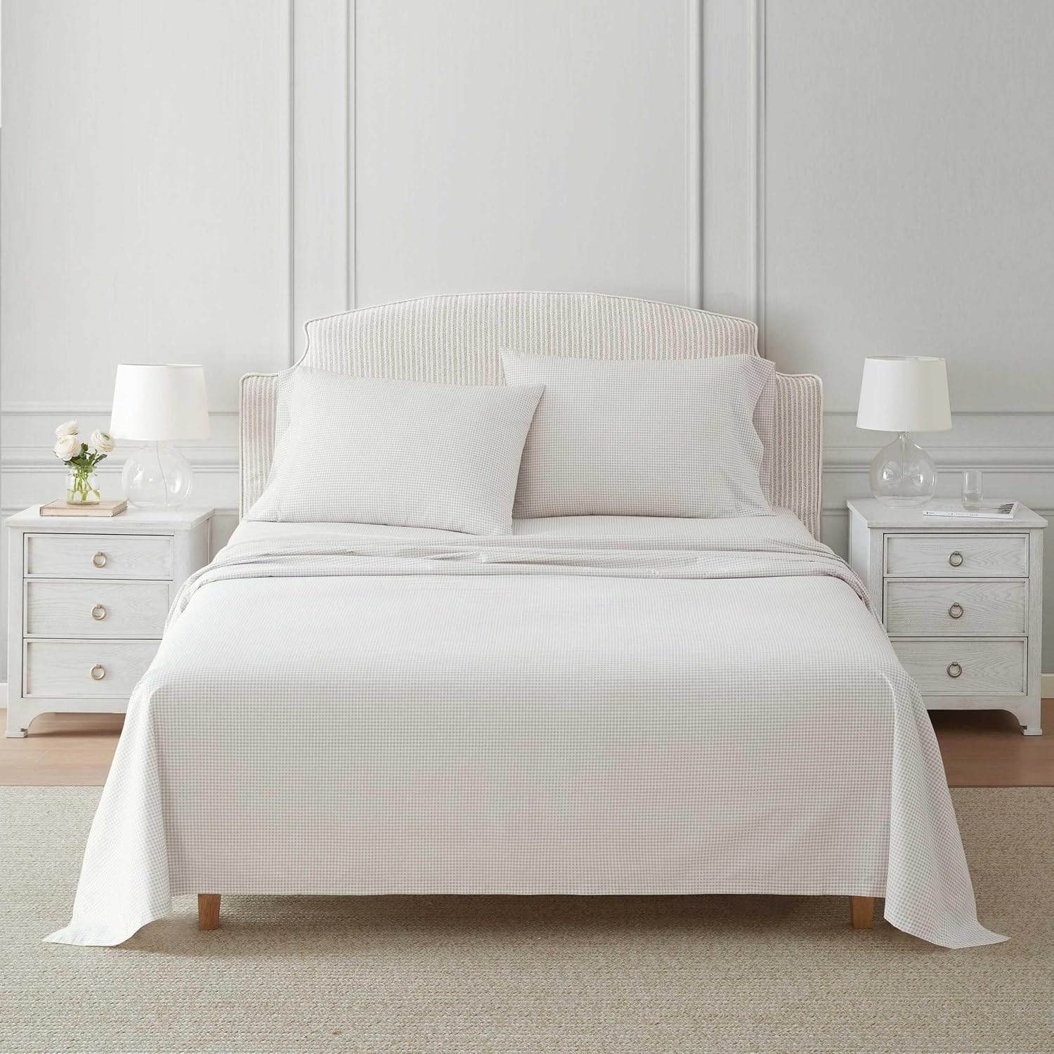image:imageMartha Stewart Full Sheet Set with Fitted Sheet amp Pillowcases Cotton Percale Bedding with a Smooth Feel Deep Pocket Gingham BrownGingham Beige