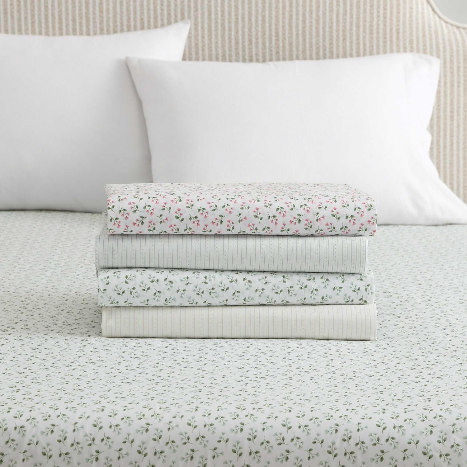 image:imageMartha Stewart Full Sheet Set with Fitted Sheet amp Pillowcases Cotton Percale Bedding with a Smooth Feel Deep Pocket Gingham BrownKennedy Floral Green