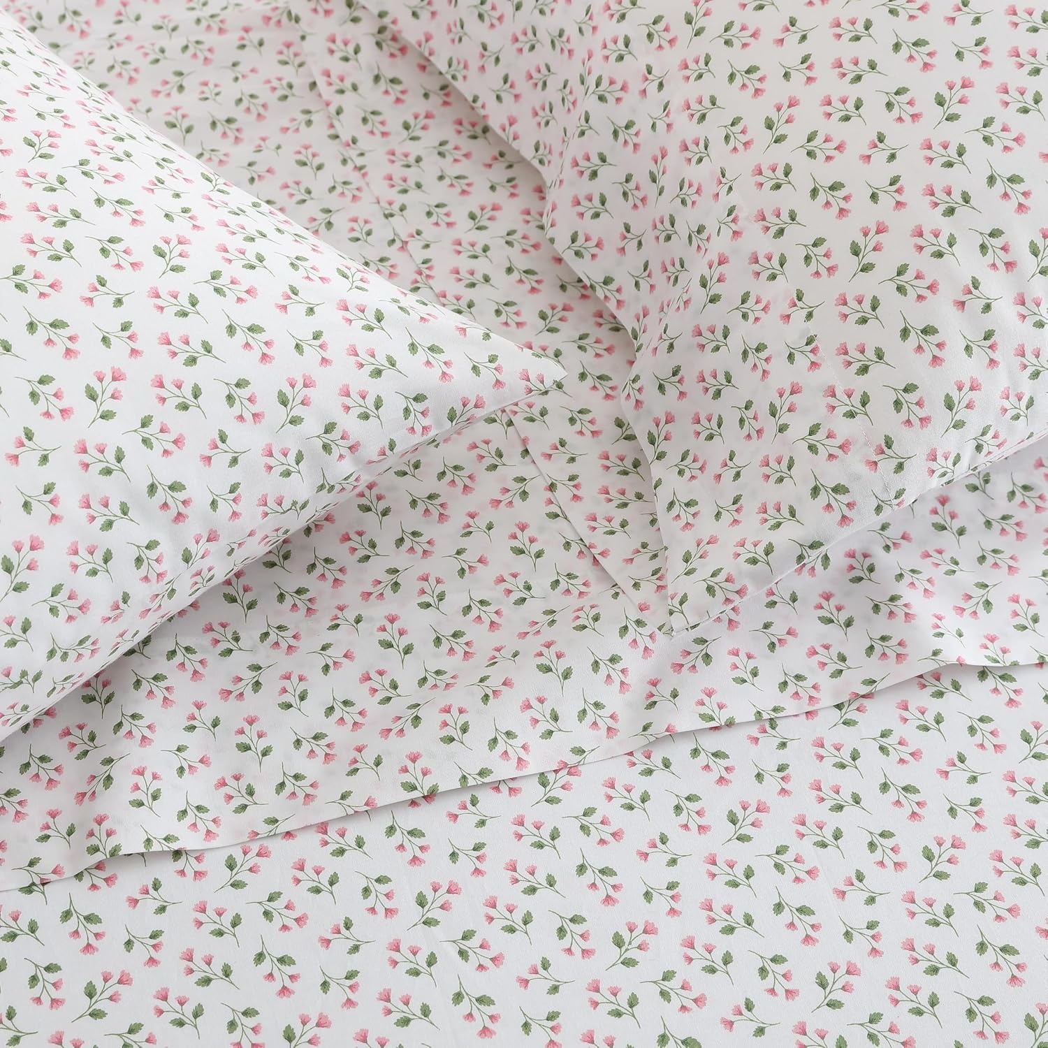image:imageMartha Stewart Full Sheet Set with Fitted Sheet amp Pillowcases Cotton Percale Bedding with a Smooth Feel Deep Pocket Gingham BrownKennedy Floral Pink