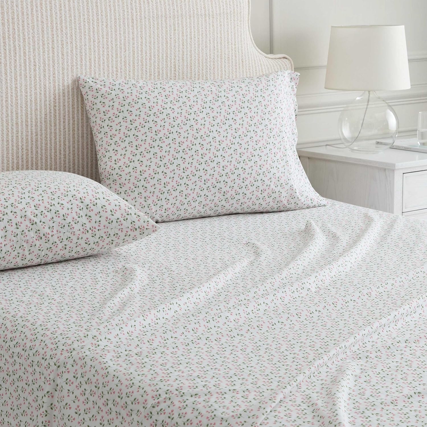 image:imageMartha Stewart Full Sheet Set with Fitted Sheet amp Pillowcases Cotton Percale Bedding with a Smooth Feel Deep Pocket Gingham BrownKennedy Floral Pink
