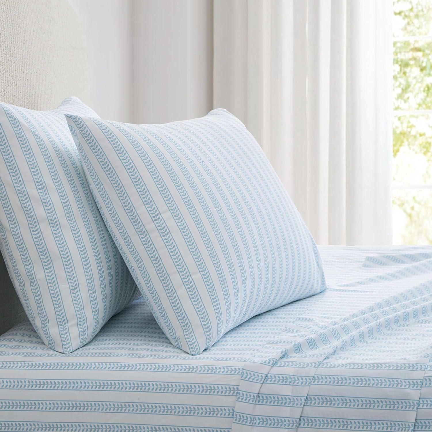 image:imageMartha Stewart Full Sheet Set with Fitted Sheet amp Pillowcases Cotton Percale Bedding with a Smooth Feel Deep Pocket Gingham BrownLeaf Stripe Blue