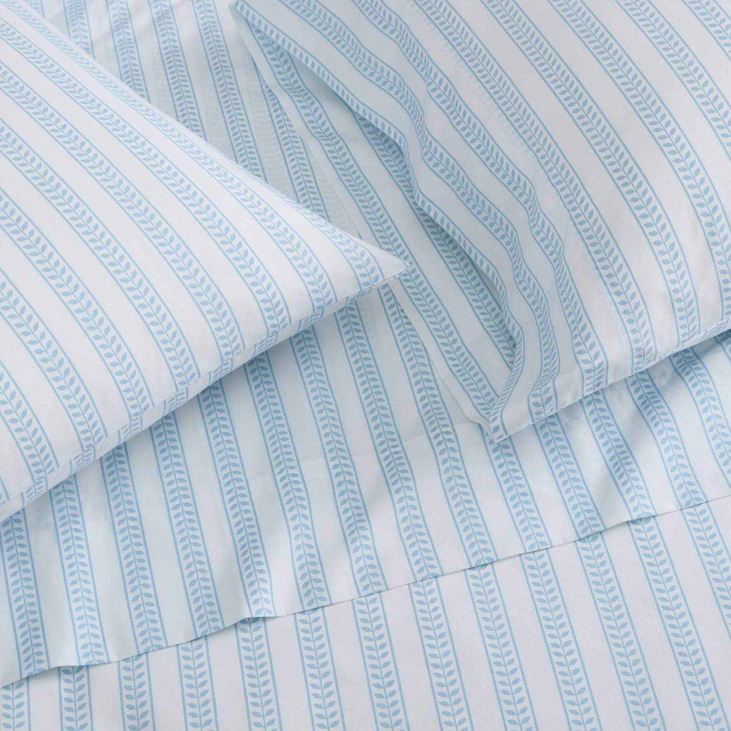 image:imageMartha Stewart Full Sheet Set with Fitted Sheet amp Pillowcases Cotton Percale Bedding with a Smooth Feel Deep Pocket Gingham BrownLeaf Stripe Blue