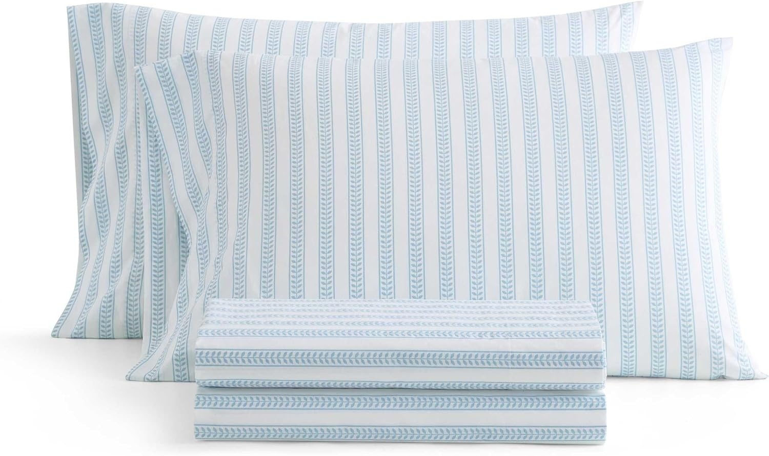 image:imageMartha Stewart Full Sheet Set with Fitted Sheet amp Pillowcases Cotton Percale Bedding with a Smooth Feel Deep Pocket Gingham BrownLeaf Stripe Blue