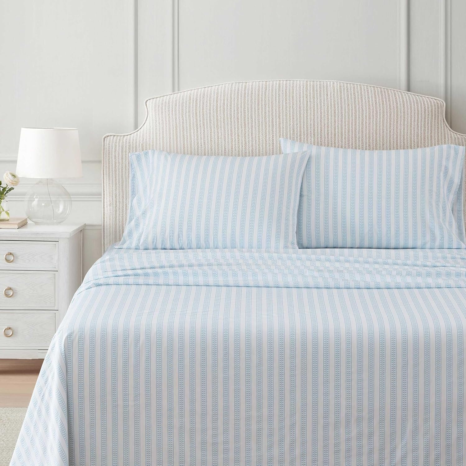 image:imageMartha Stewart Full Sheet Set with Fitted Sheet amp Pillowcases Cotton Percale Bedding with a Smooth Feel Deep Pocket Gingham BrownLeaf Stripe Blue