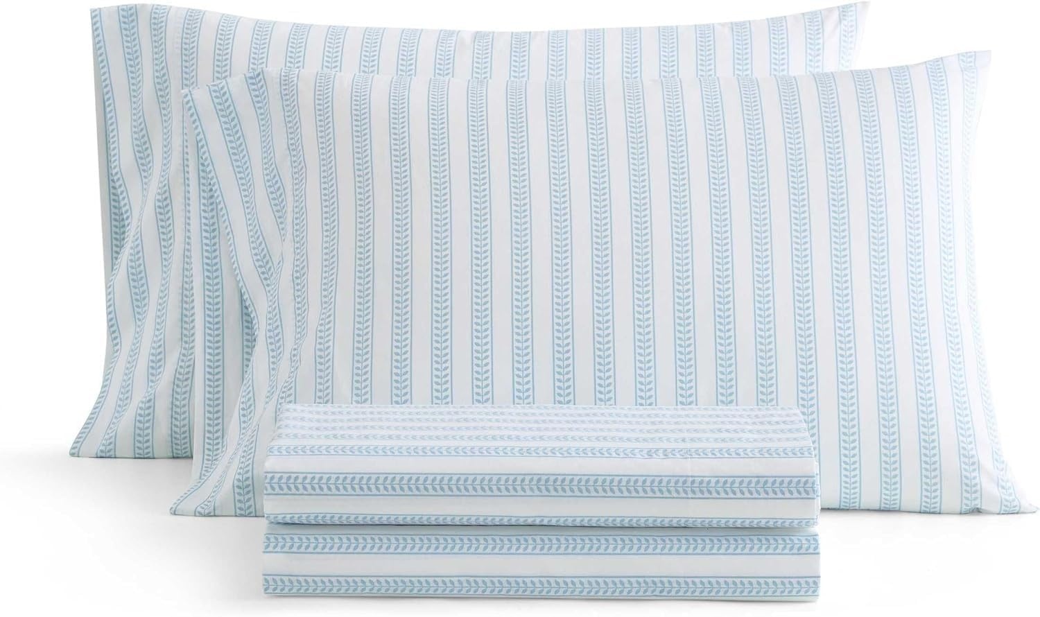 image:imageMartha Stewart Full Sheet Set with Fitted Sheet amp Pillowcases Cotton Percale Bedding with a Smooth Feel Deep Pocket Gingham BrownLeaf Stripe Blue