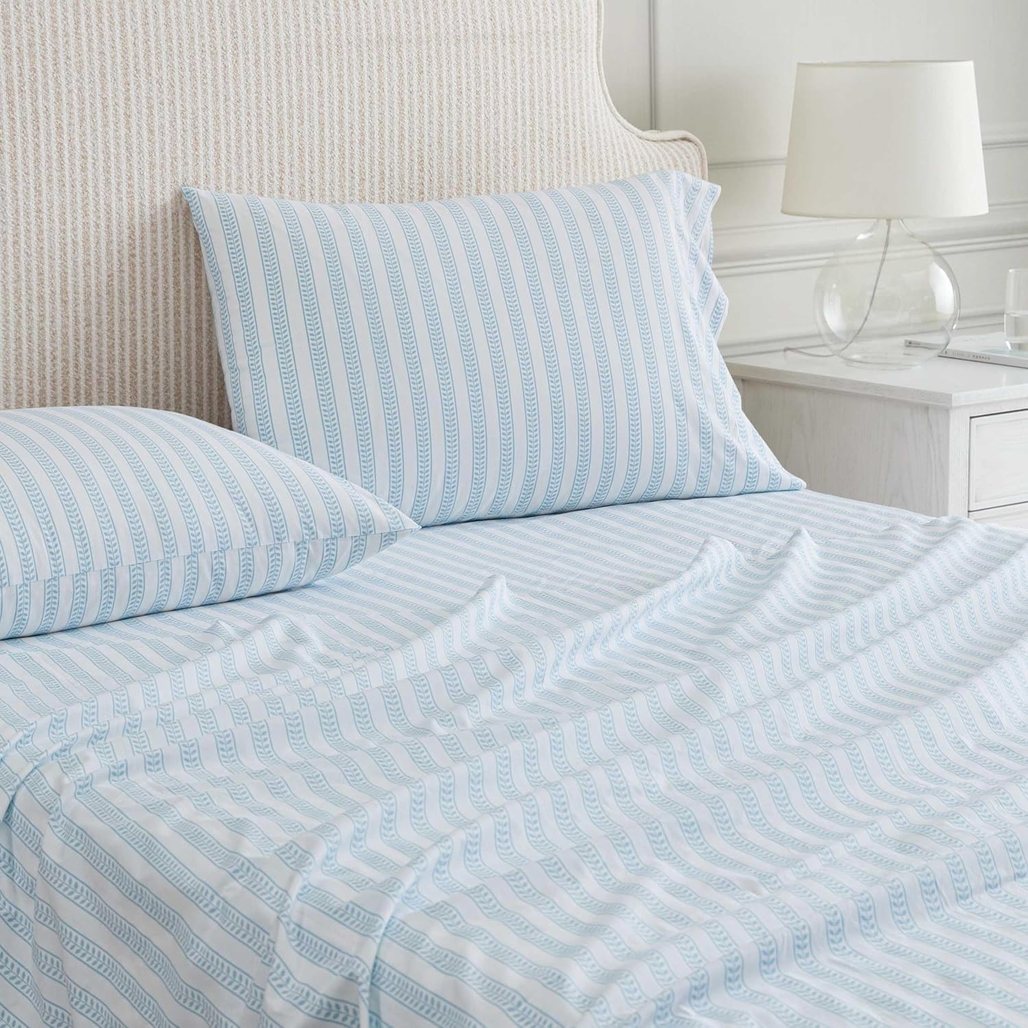 image:imageMartha Stewart Full Sheet Set with Fitted Sheet amp Pillowcases Cotton Percale Bedding with a Smooth Feel Deep Pocket Gingham BrownLeaf Stripe Blue