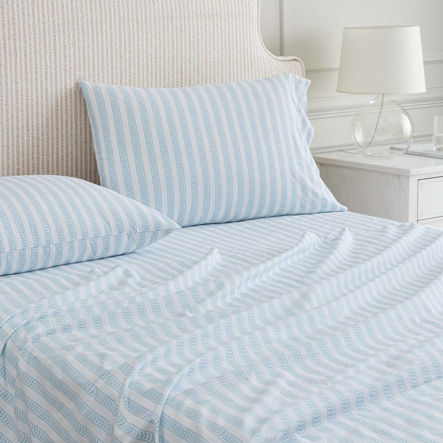 image:imageMartha Stewart Full Sheet Set with Fitted Sheet amp Pillowcases Cotton Percale Bedding with a Smooth Feel Deep Pocket Gingham BrownLeaf Stripe Blue
