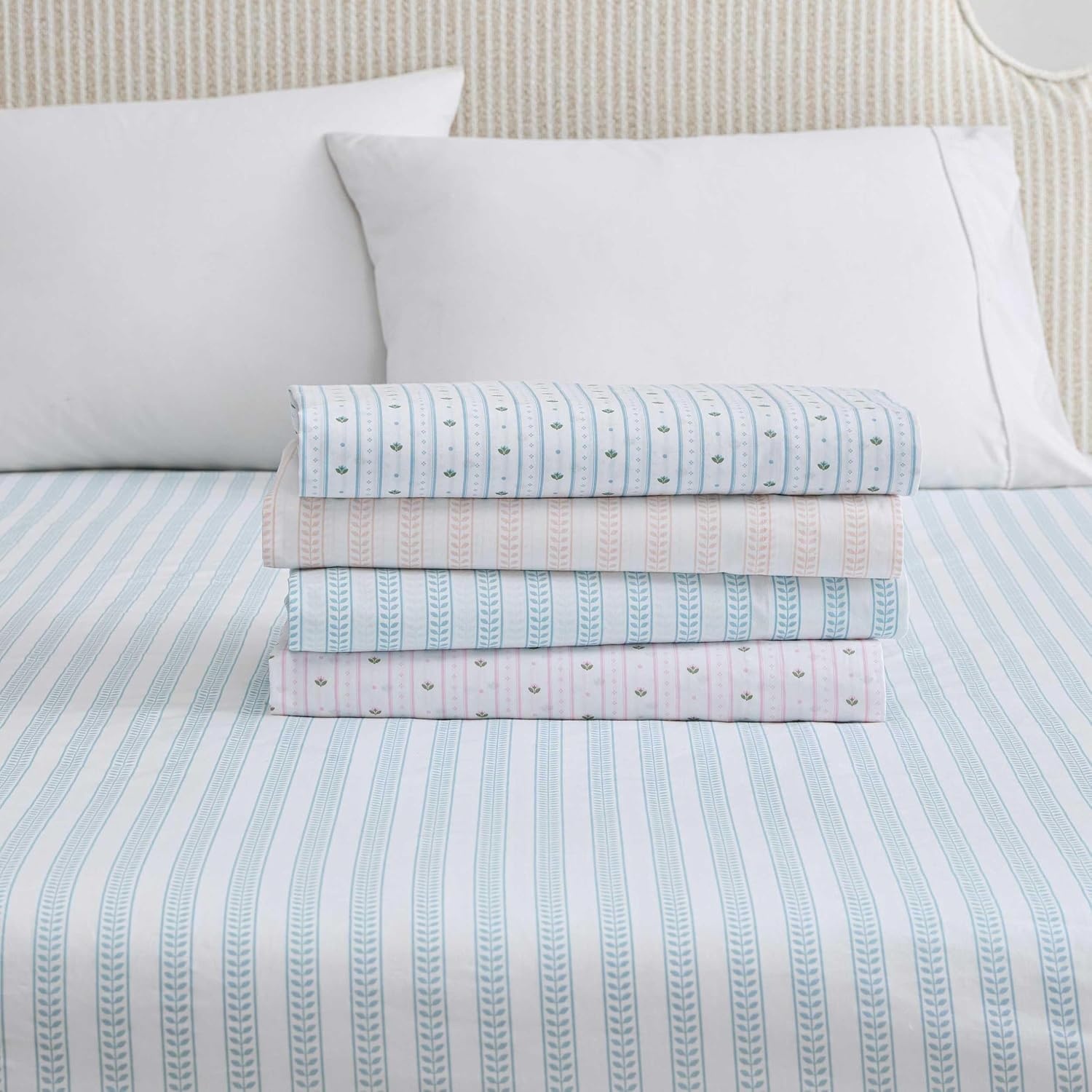 image:imageMartha Stewart Full Sheet Set with Fitted Sheet amp Pillowcases Cotton Percale Bedding with a Smooth Feel Deep Pocket Gingham BrownLeaf Stripe Blue