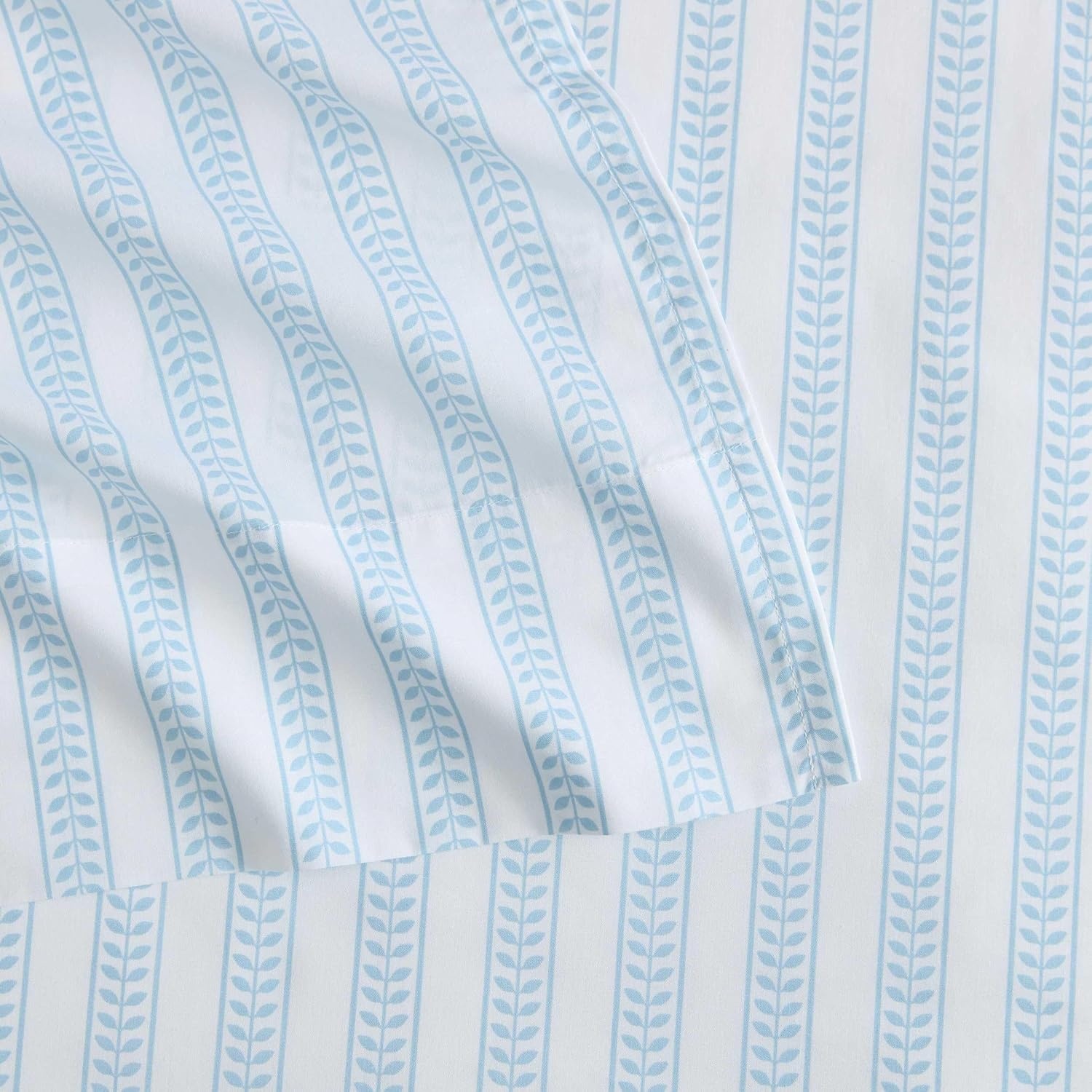image:imageMartha Stewart Full Sheet Set with Fitted Sheet amp Pillowcases Cotton Percale Bedding with a Smooth Feel Deep Pocket Gingham BrownLeaf Stripe Blue