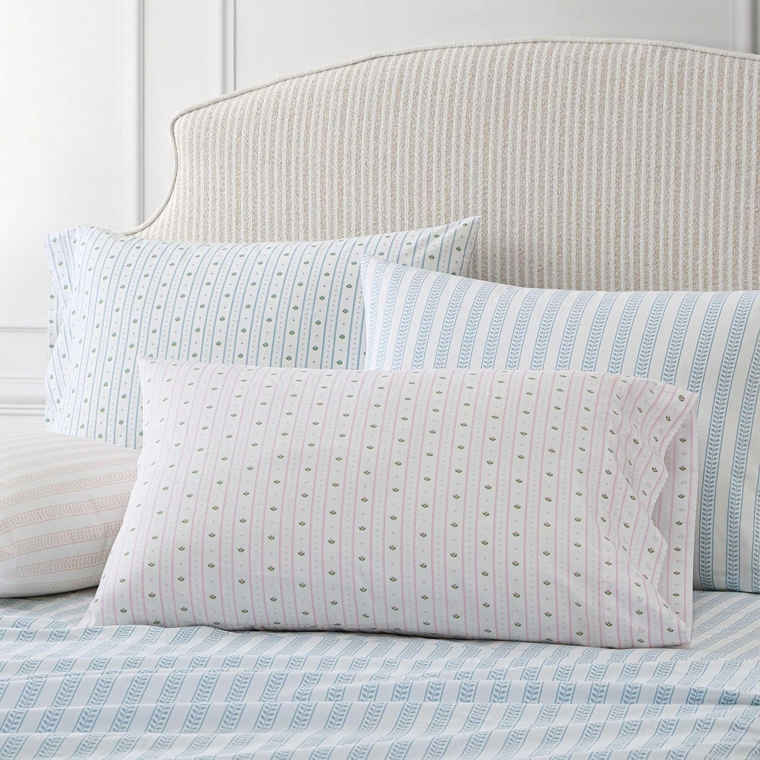 image:imageMartha Stewart Full Sheet Set with Fitted Sheet amp Pillowcases Cotton Percale Bedding with a Smooth Feel Deep Pocket Gingham BrownLeaf Stripe Pink