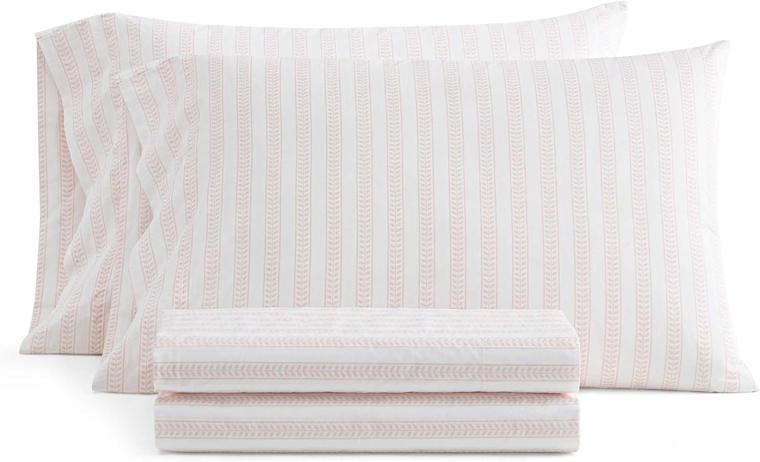 image:imageMartha Stewart Full Sheet Set with Fitted Sheet amp Pillowcases Cotton Percale Bedding with a Smooth Feel Deep Pocket Gingham BrownLeaf Stripe Pink