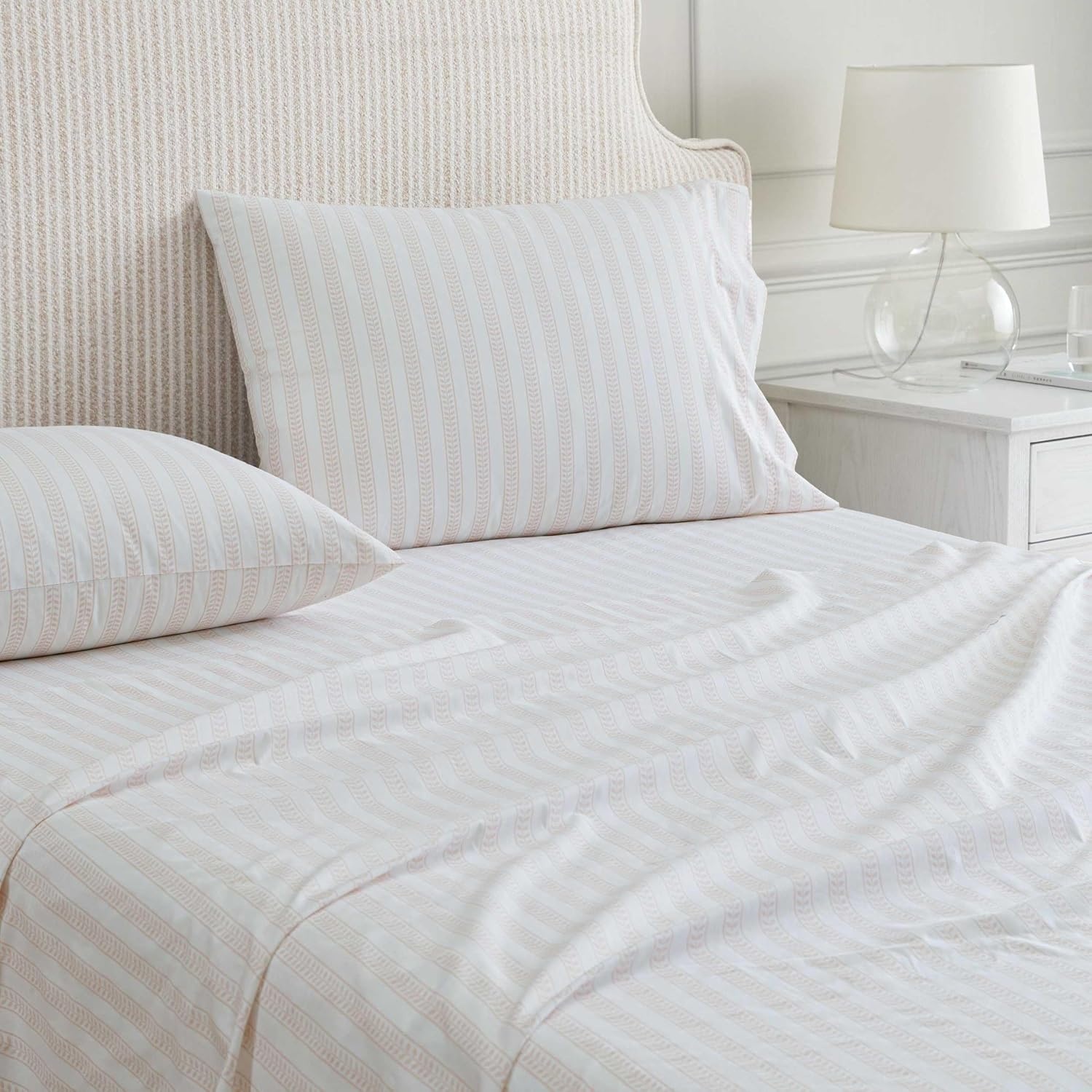 image:imageMartha Stewart Full Sheet Set with Fitted Sheet amp Pillowcases Cotton Percale Bedding with a Smooth Feel Deep Pocket Gingham BrownLeaf Stripe Pink