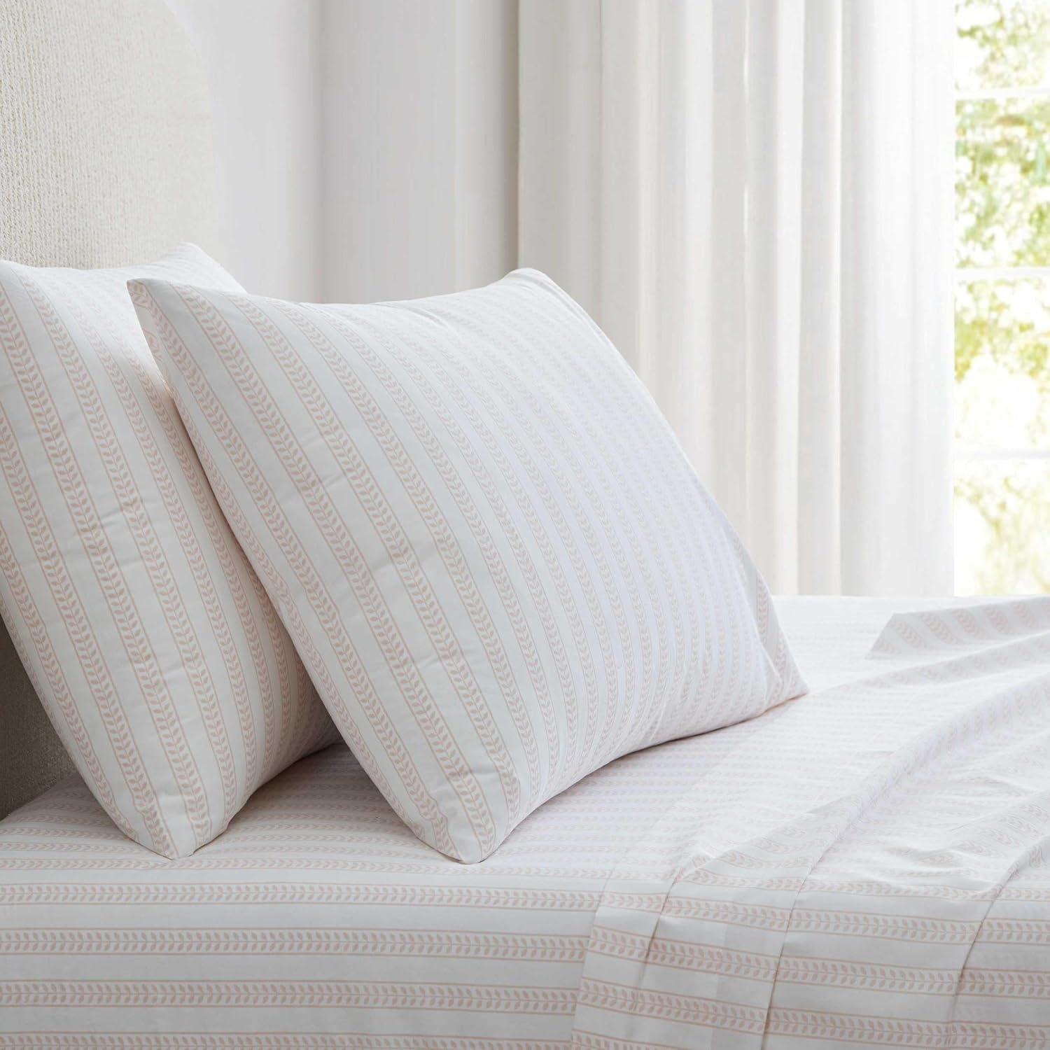 image:imageMartha Stewart Full Sheet Set with Fitted Sheet amp Pillowcases Cotton Percale Bedding with a Smooth Feel Deep Pocket Gingham BrownLeaf Stripe Pink