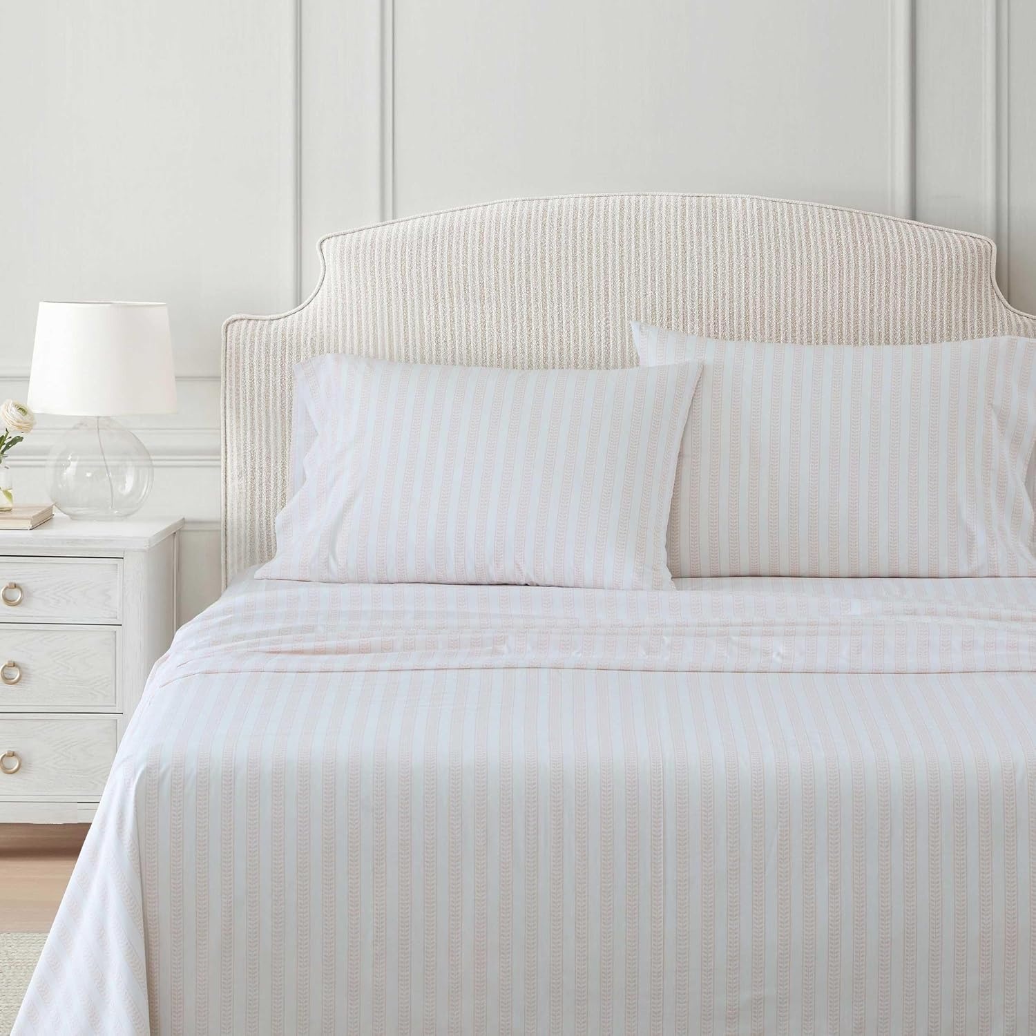 image:imageMartha Stewart Full Sheet Set with Fitted Sheet amp Pillowcases Cotton Percale Bedding with a Smooth Feel Deep Pocket Gingham BrownLeaf Stripe Pink