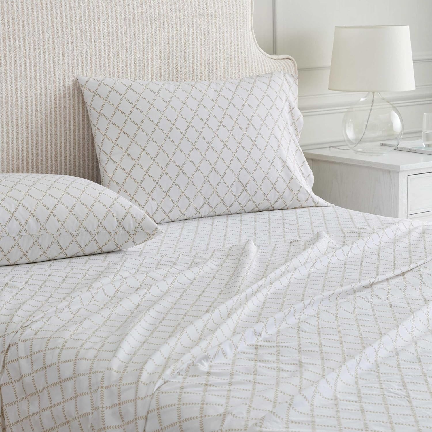 image:imageMartha Stewart Full Sheet Set with Fitted Sheet amp Pillowcases Cotton Percale Bedding with a Smooth Feel Deep Pocket Gingham BrownLeaf Trellis Beige
