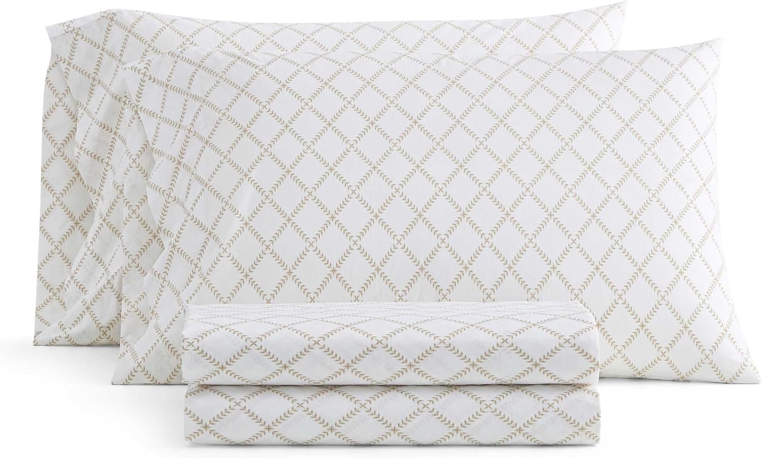 image:imageMartha Stewart Full Sheet Set with Fitted Sheet amp Pillowcases Cotton Percale Bedding with a Smooth Feel Deep Pocket Gingham BrownLeaf Trellis Beige