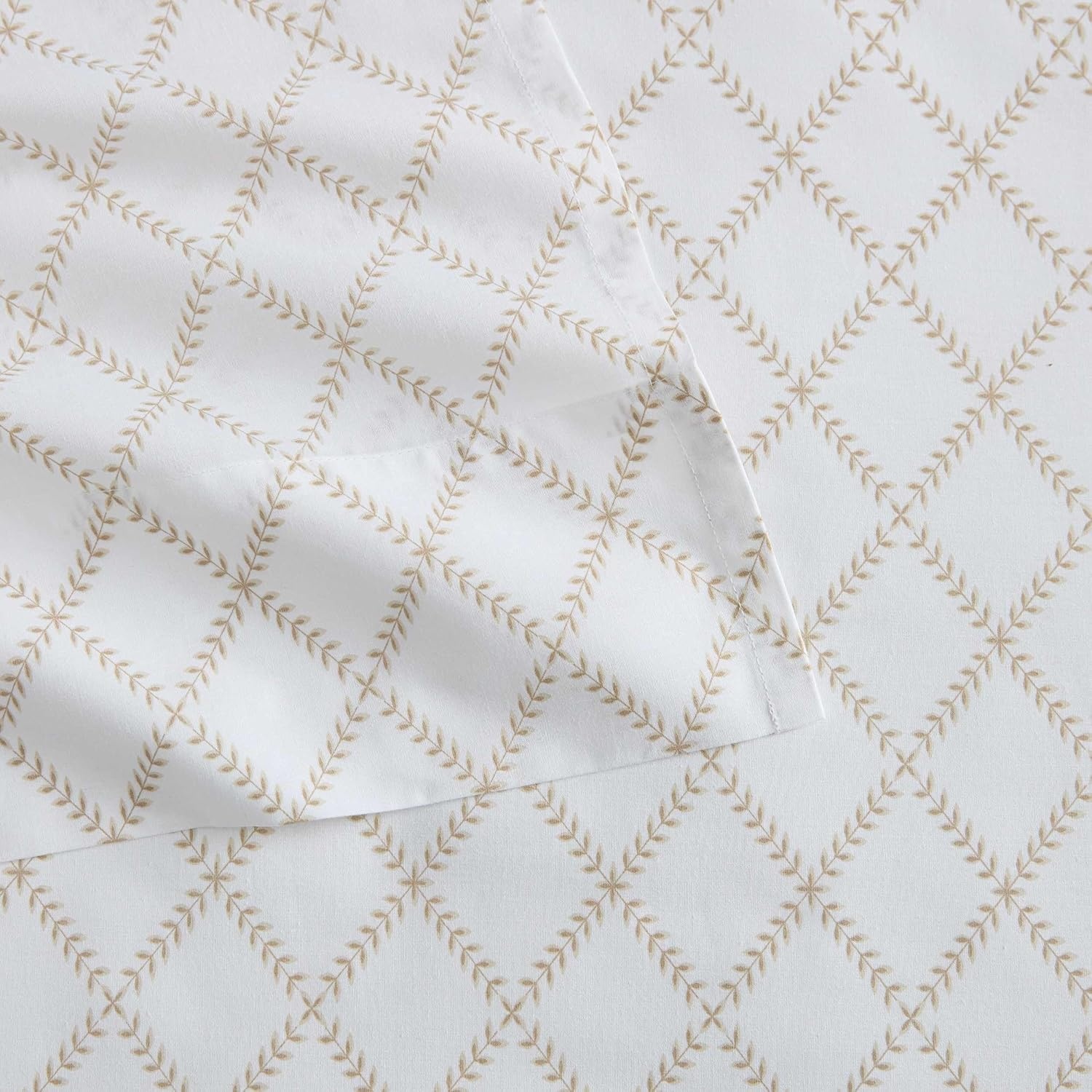 image:imageMartha Stewart Full Sheet Set with Fitted Sheet amp Pillowcases Cotton Percale Bedding with a Smooth Feel Deep Pocket Gingham BrownLeaf Trellis Beige