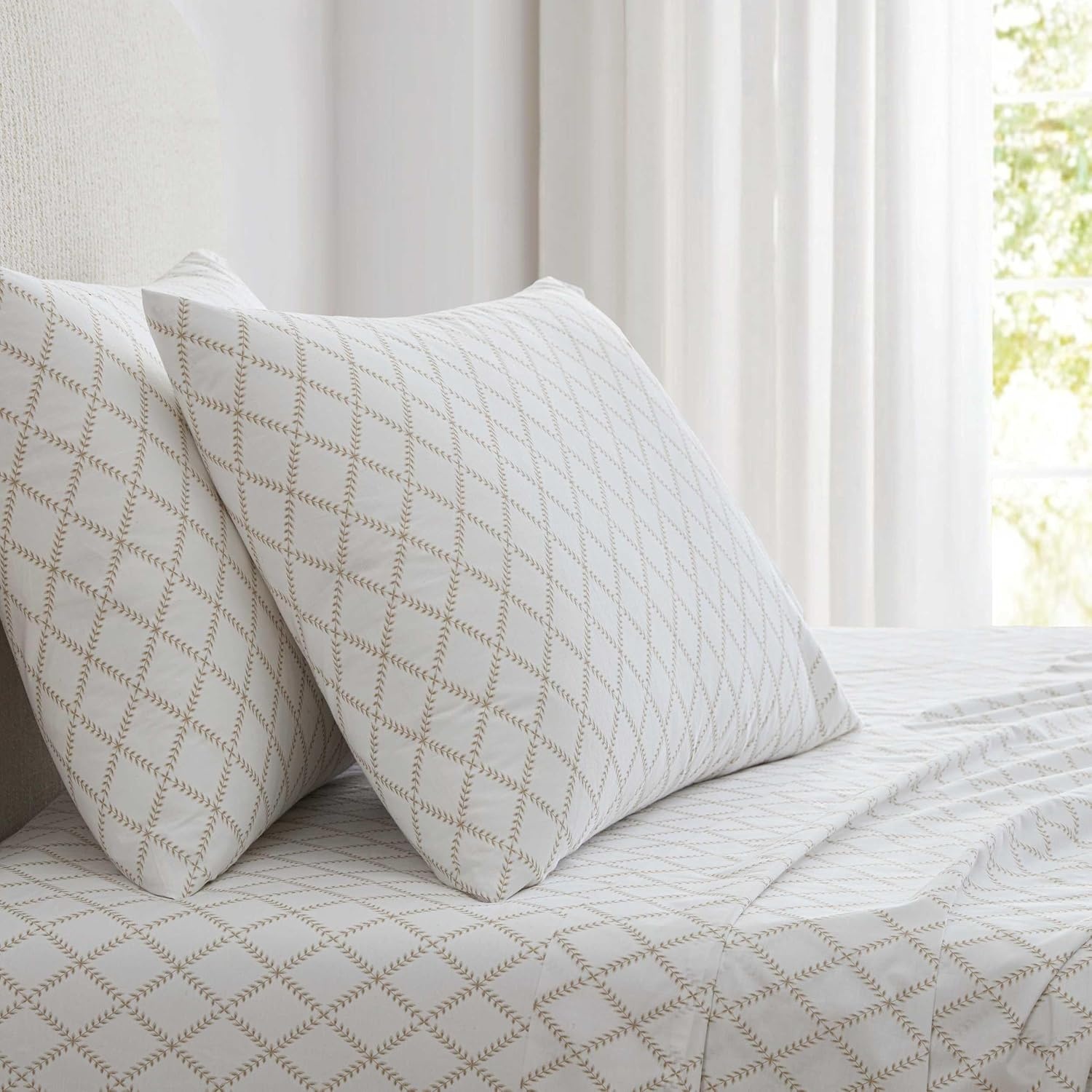 image:imageMartha Stewart Full Sheet Set with Fitted Sheet amp Pillowcases Cotton Percale Bedding with a Smooth Feel Deep Pocket Gingham BrownLeaf Trellis Beige