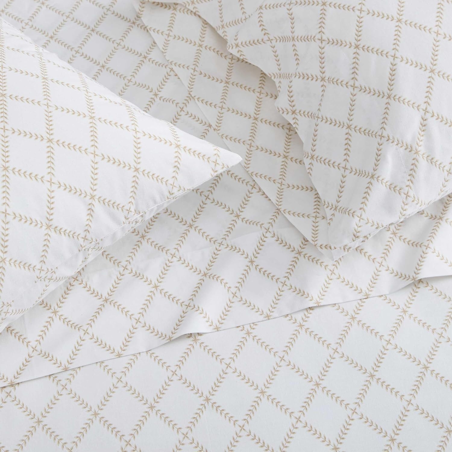 image:imageMartha Stewart Full Sheet Set with Fitted Sheet amp Pillowcases Cotton Percale Bedding with a Smooth Feel Deep Pocket Gingham BrownLeaf Trellis Beige