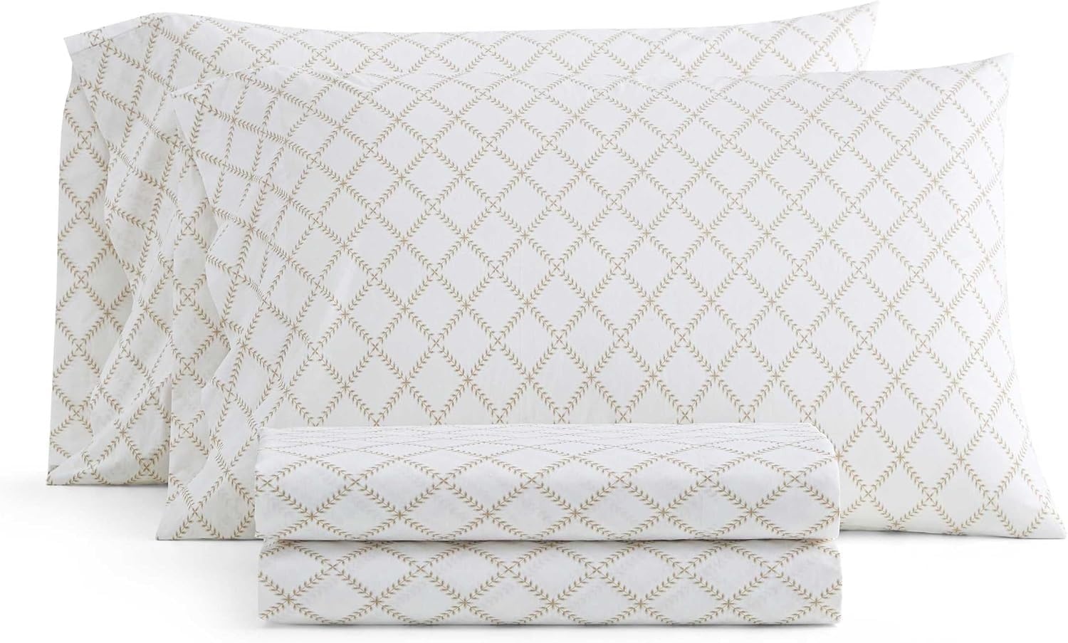 image:imageMartha Stewart Full Sheet Set with Fitted Sheet amp Pillowcases Cotton Percale Bedding with a Smooth Feel Deep Pocket Gingham BrownLeaf Trellis Beige