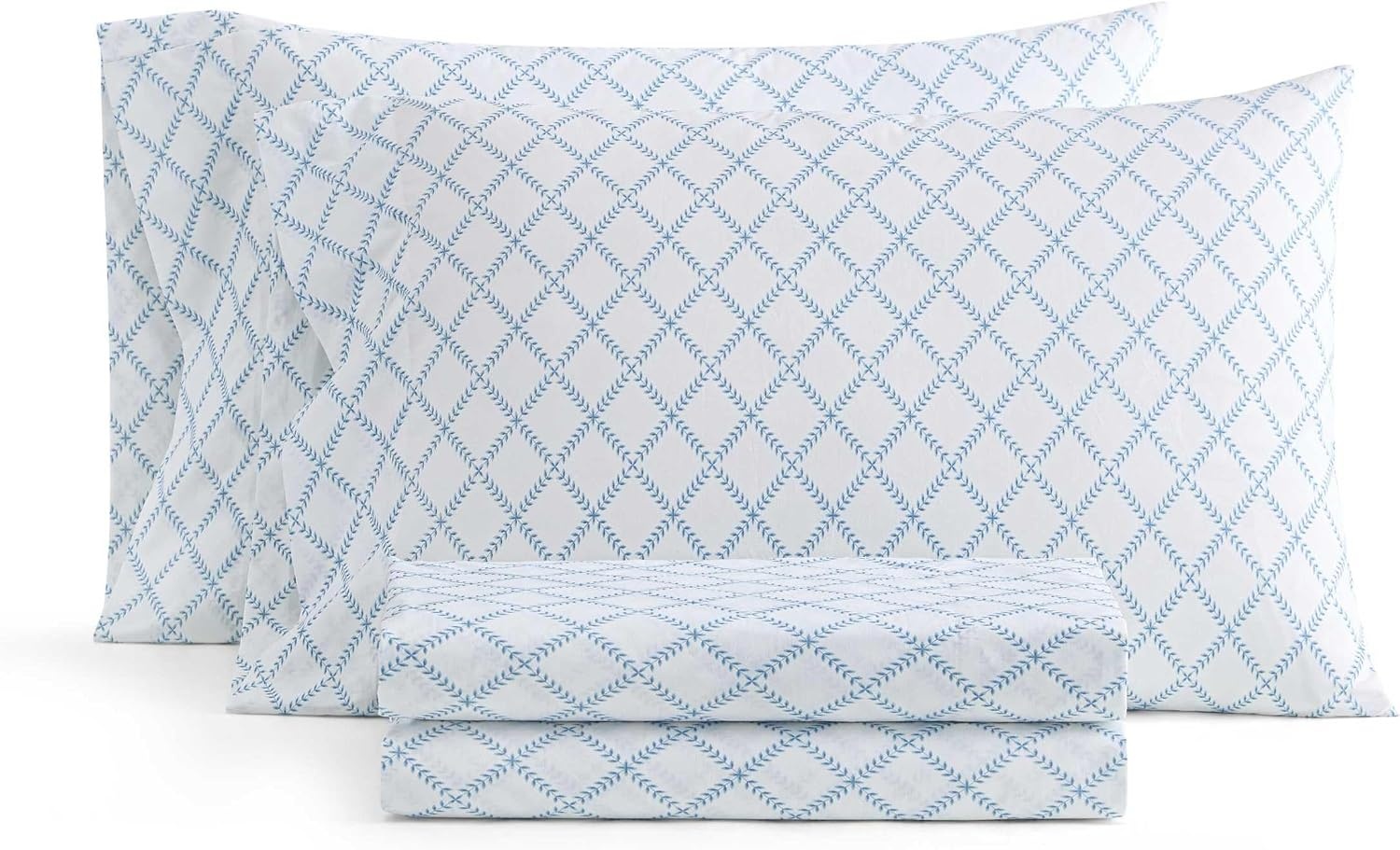 image:imageMartha Stewart Full Sheet Set with Fitted Sheet amp Pillowcases Cotton Percale Bedding with a Smooth Feel Deep Pocket Gingham BrownLeaf Trellis Blue