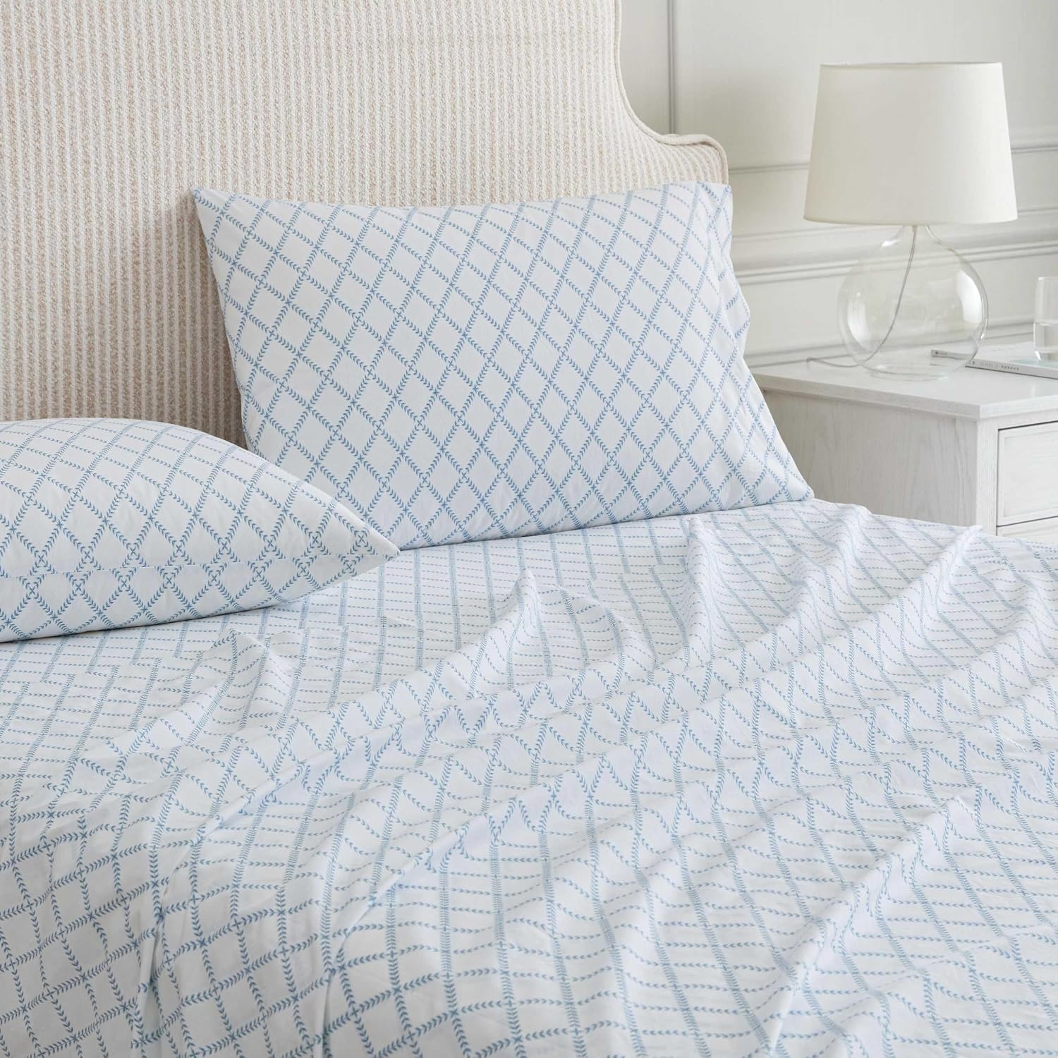 image:imageMartha Stewart Full Sheet Set with Fitted Sheet amp Pillowcases Cotton Percale Bedding with a Smooth Feel Deep Pocket Gingham BrownLeaf Trellis Blue