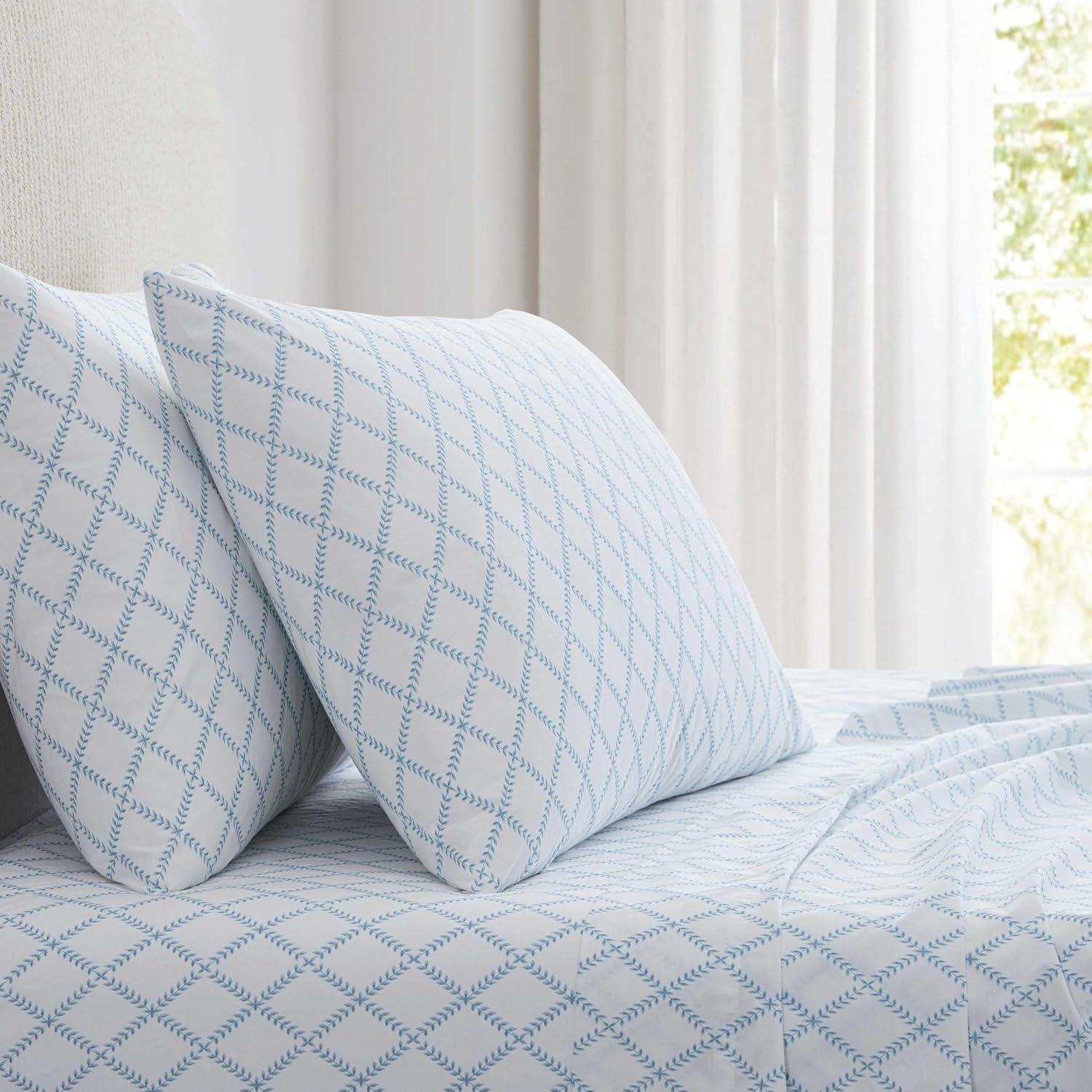 image:imageMartha Stewart Full Sheet Set with Fitted Sheet amp Pillowcases Cotton Percale Bedding with a Smooth Feel Deep Pocket Gingham BrownLeaf Trellis Blue
