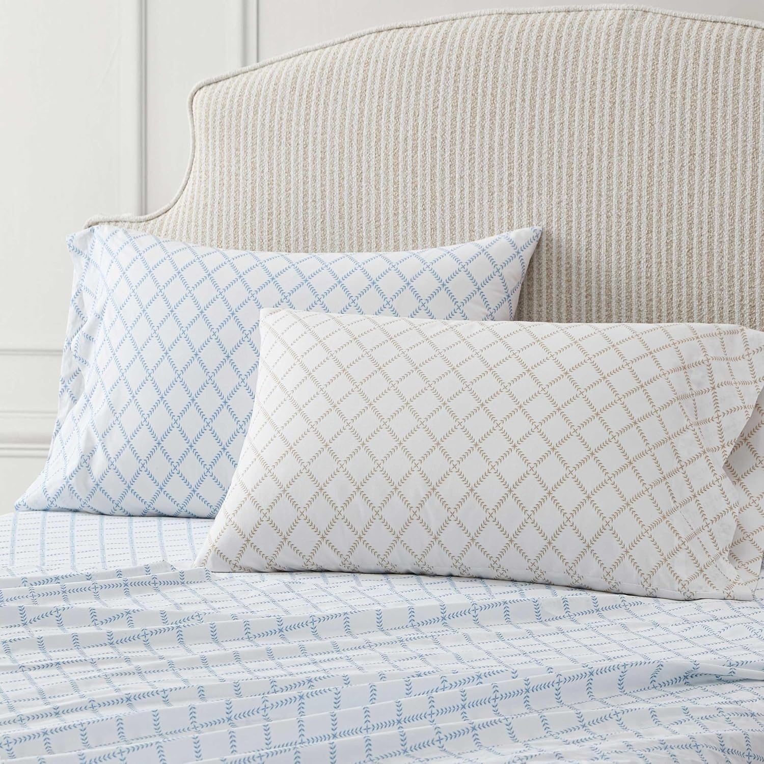 image:imageMartha Stewart Full Sheet Set with Fitted Sheet amp Pillowcases Cotton Percale Bedding with a Smooth Feel Deep Pocket Gingham BrownLeaf Trellis Blue