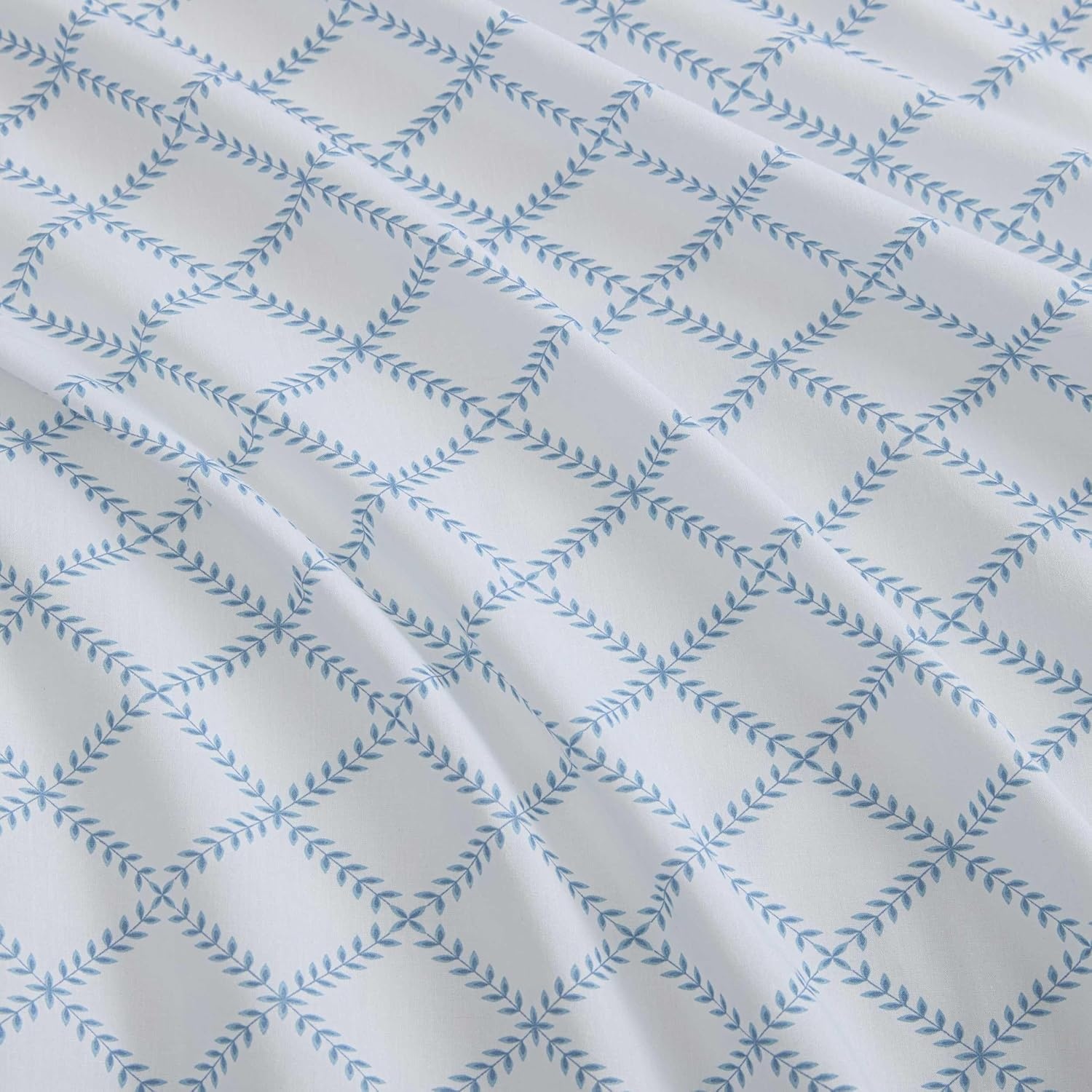 image:imageMartha Stewart Full Sheet Set with Fitted Sheet amp Pillowcases Cotton Percale Bedding with a Smooth Feel Deep Pocket Gingham BrownLeaf Trellis Blue