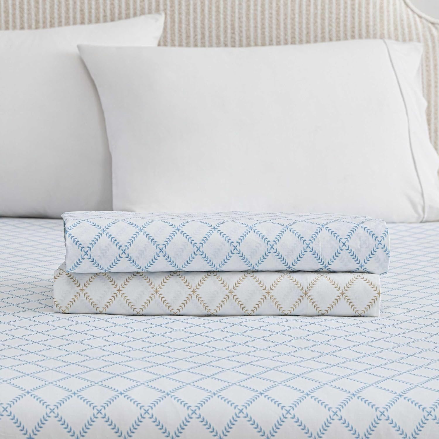 image:imageMartha Stewart Full Sheet Set with Fitted Sheet amp Pillowcases Cotton Percale Bedding with a Smooth Feel Deep Pocket Gingham BrownLeaf Trellis Blue