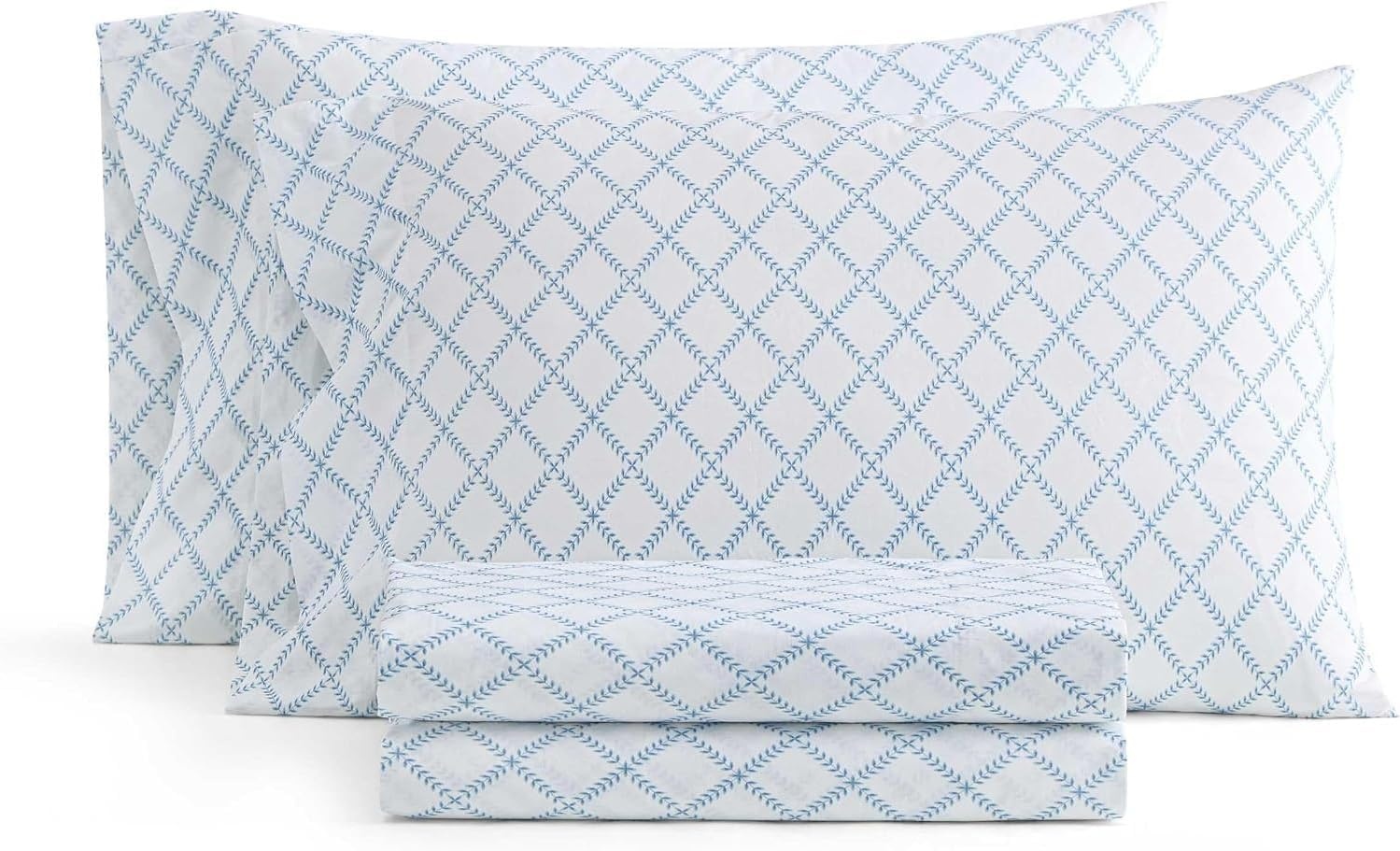image:imageMartha Stewart Full Sheet Set with Fitted Sheet amp Pillowcases Cotton Percale Bedding with a Smooth Feel Deep Pocket Gingham BrownLeaf Trellis Blue