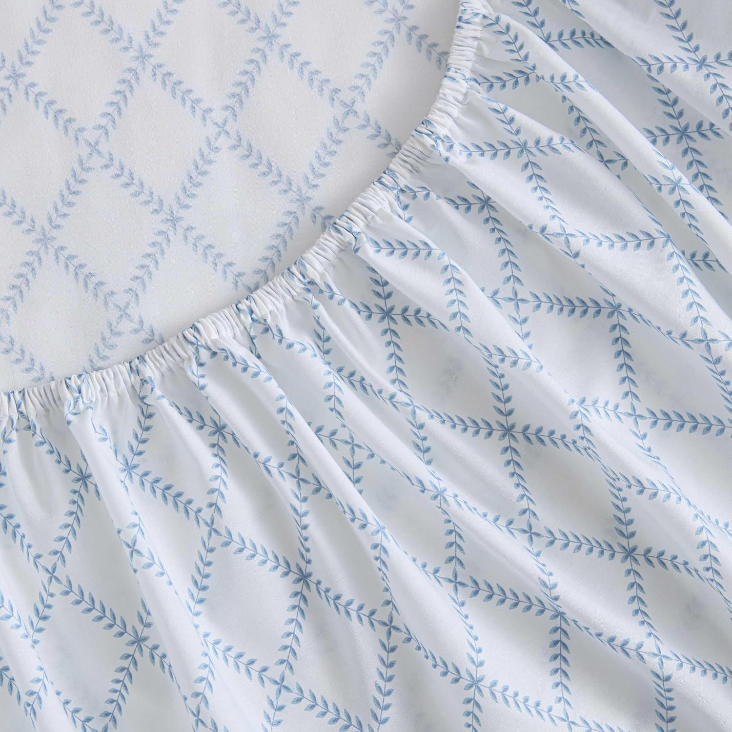 image:imageMartha Stewart Full Sheet Set with Fitted Sheet amp Pillowcases Cotton Percale Bedding with a Smooth Feel Deep Pocket Gingham BrownLeaf Trellis Blue
