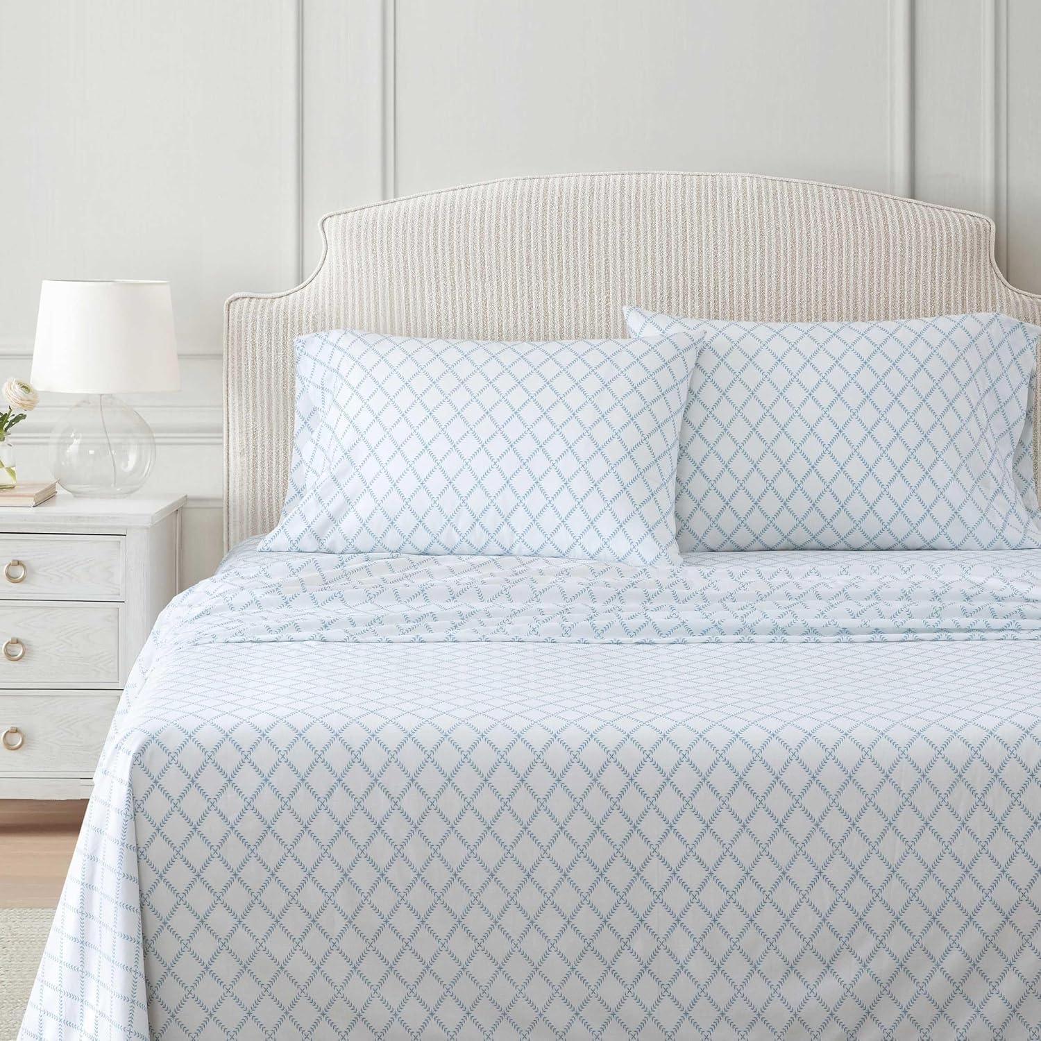 image:imageMartha Stewart Full Sheet Set with Fitted Sheet amp Pillowcases Cotton Percale Bedding with a Smooth Feel Deep Pocket Gingham BrownLeaf Trellis Blue