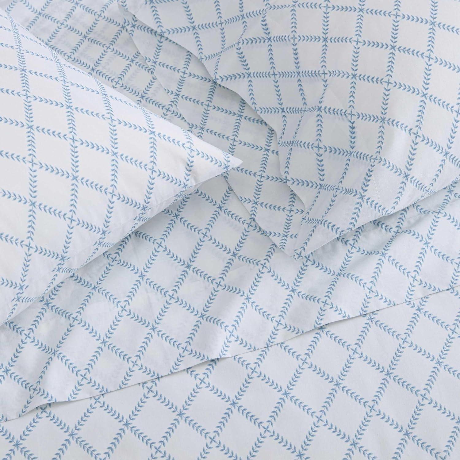 image:imageMartha Stewart Full Sheet Set with Fitted Sheet amp Pillowcases Cotton Percale Bedding with a Smooth Feel Deep Pocket Gingham BrownLeaf Trellis Blue