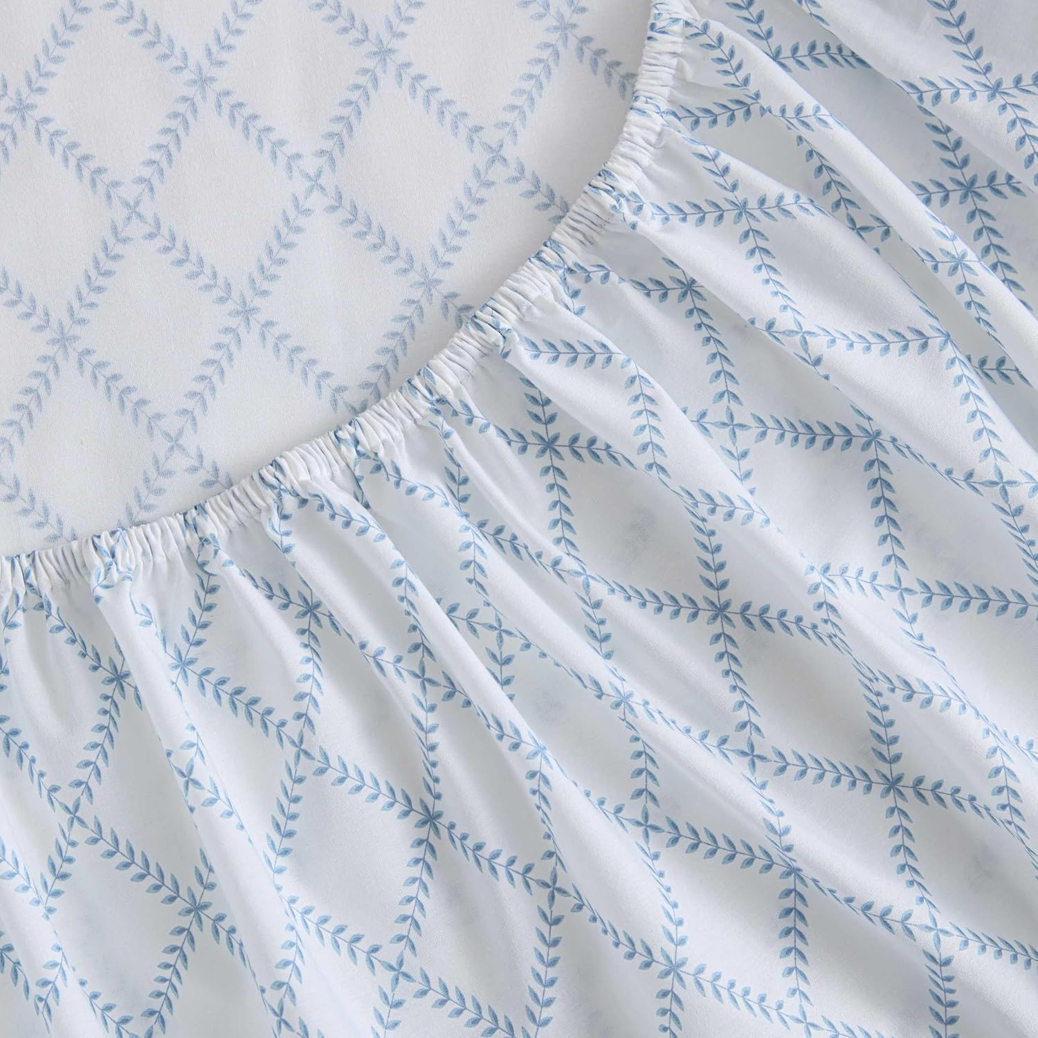 image:imageMartha Stewart Full Sheet Set with Fitted Sheet amp Pillowcases Cotton Percale Bedding with a Smooth Feel Deep Pocket Gingham BrownLeaf Trellis Blue