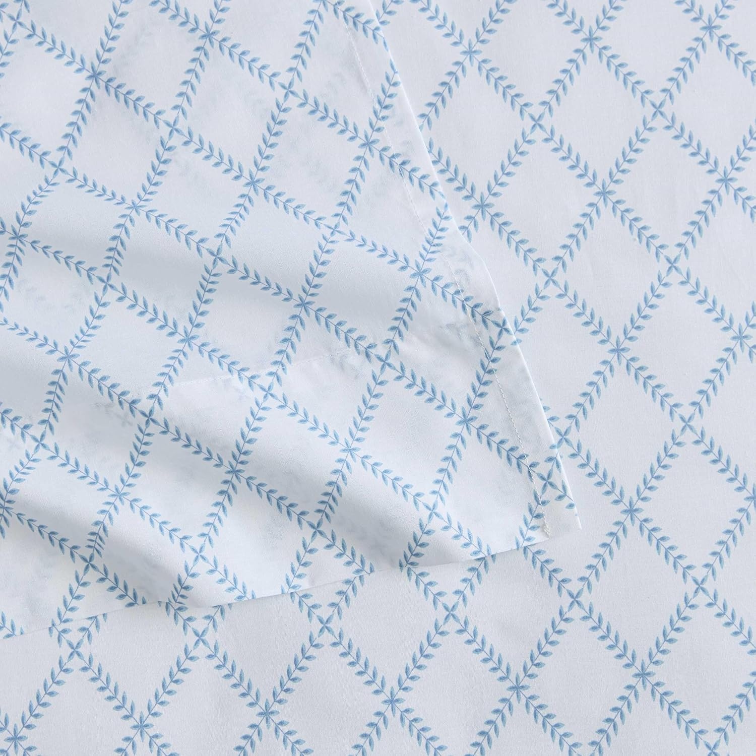 image:imageMartha Stewart Full Sheet Set with Fitted Sheet amp Pillowcases Cotton Percale Bedding with a Smooth Feel Deep Pocket Gingham BrownLeaf Trellis Blue
