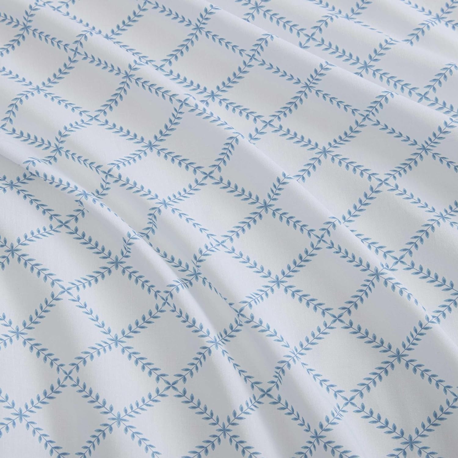 image:imageMartha Stewart Full Sheet Set with Fitted Sheet amp Pillowcases Cotton Percale Bedding with a Smooth Feel Deep Pocket Gingham BrownLeaf Trellis Blue